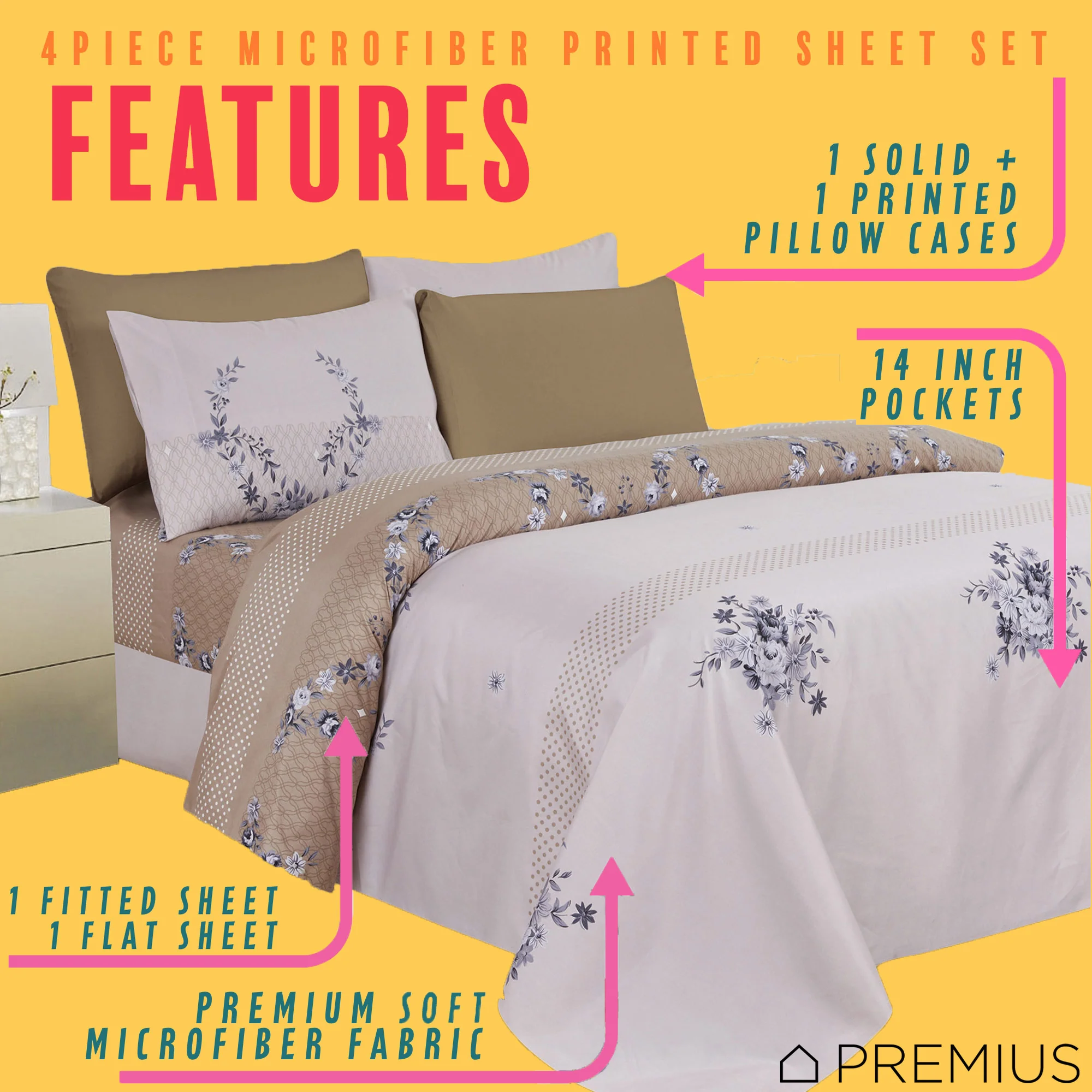 PREMIUS Premium Goldie 4 & 6 Piece Microfiber Printed Wrinkle-Free Sheet Set - Image 11
