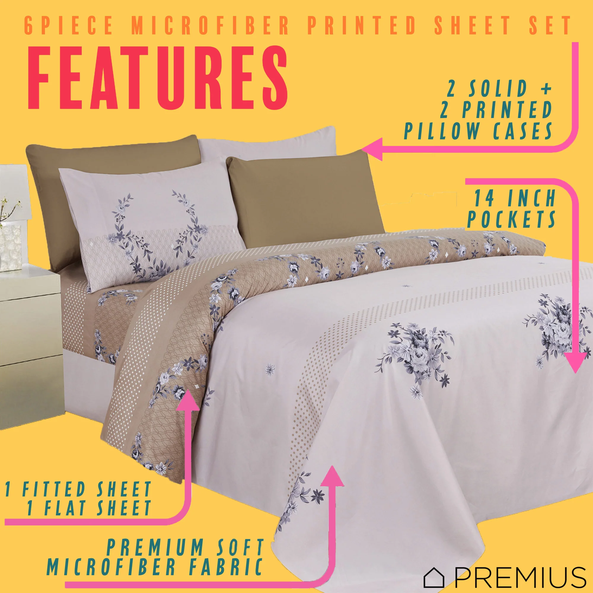 PREMIUS Premium Goldie 4 & 6 Piece Microfiber Printed Wrinkle-Free Sheet Set - Image 6