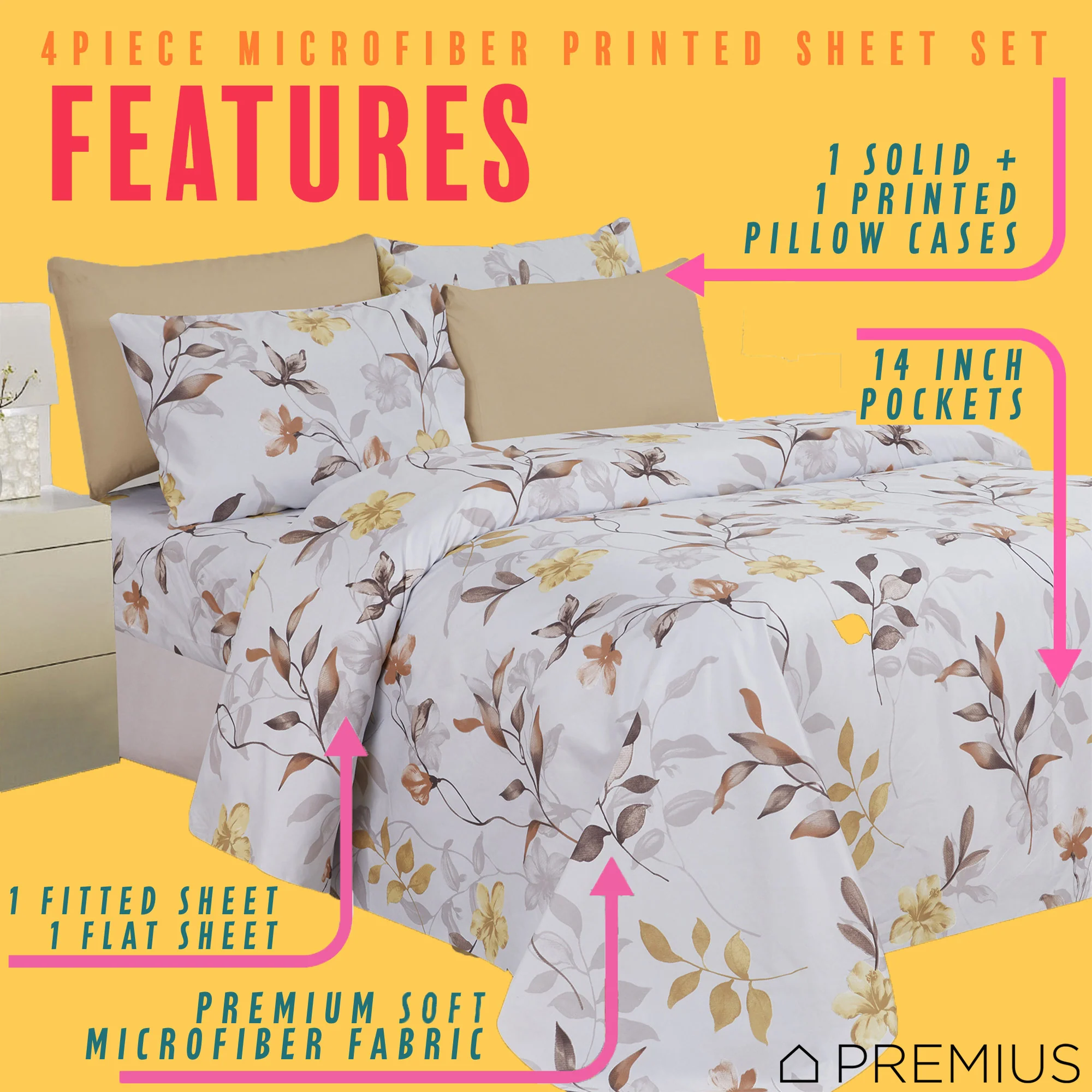 PREMIUS Premium Meadow 4 & 6 Piece Microfiber Printed Wrinkle-Free Sheet Set - Image 11
