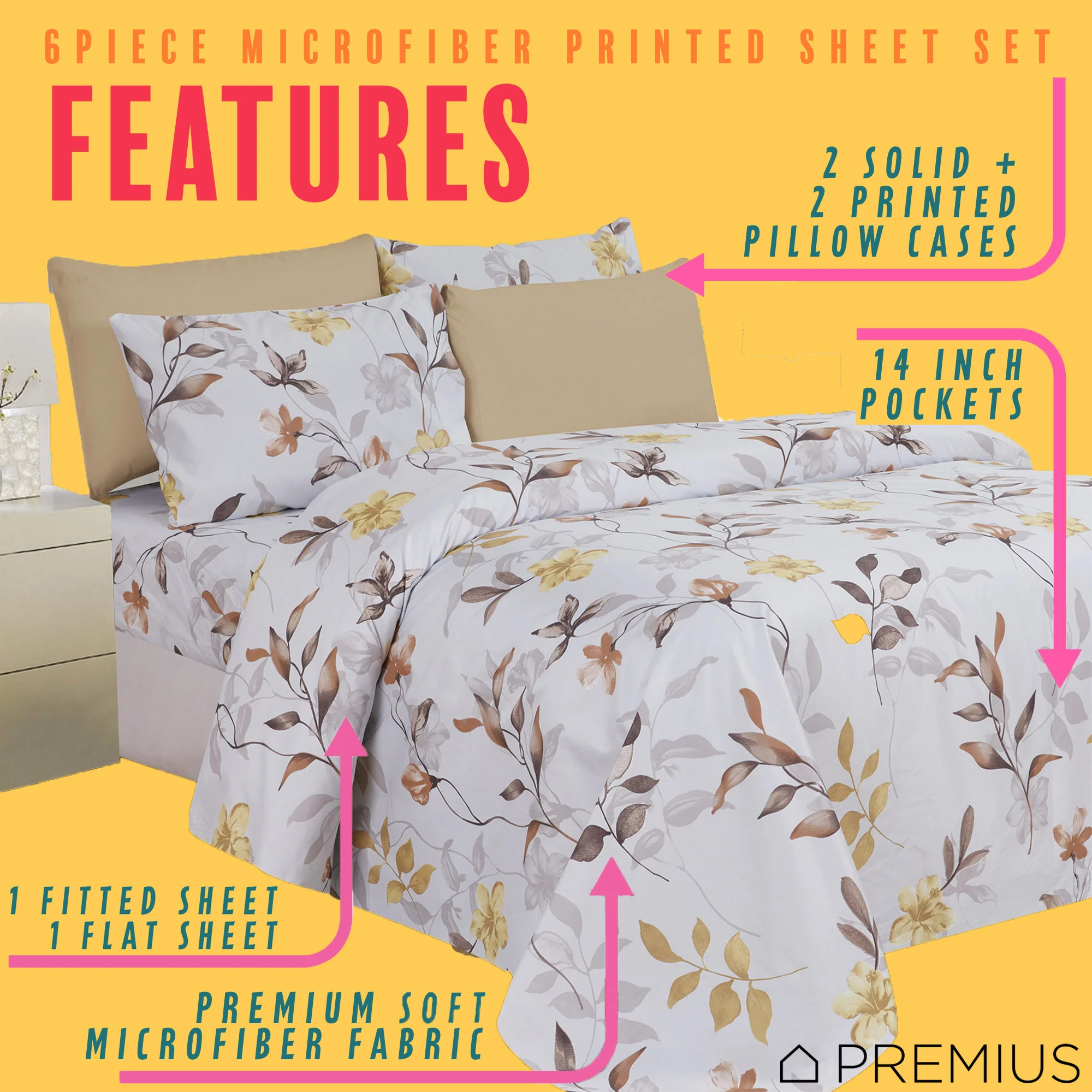 PREMIUS Premium Meadow 4 & 6 Piece Microfiber Printed Wrinkle-Free Sheet Set - Image 9
