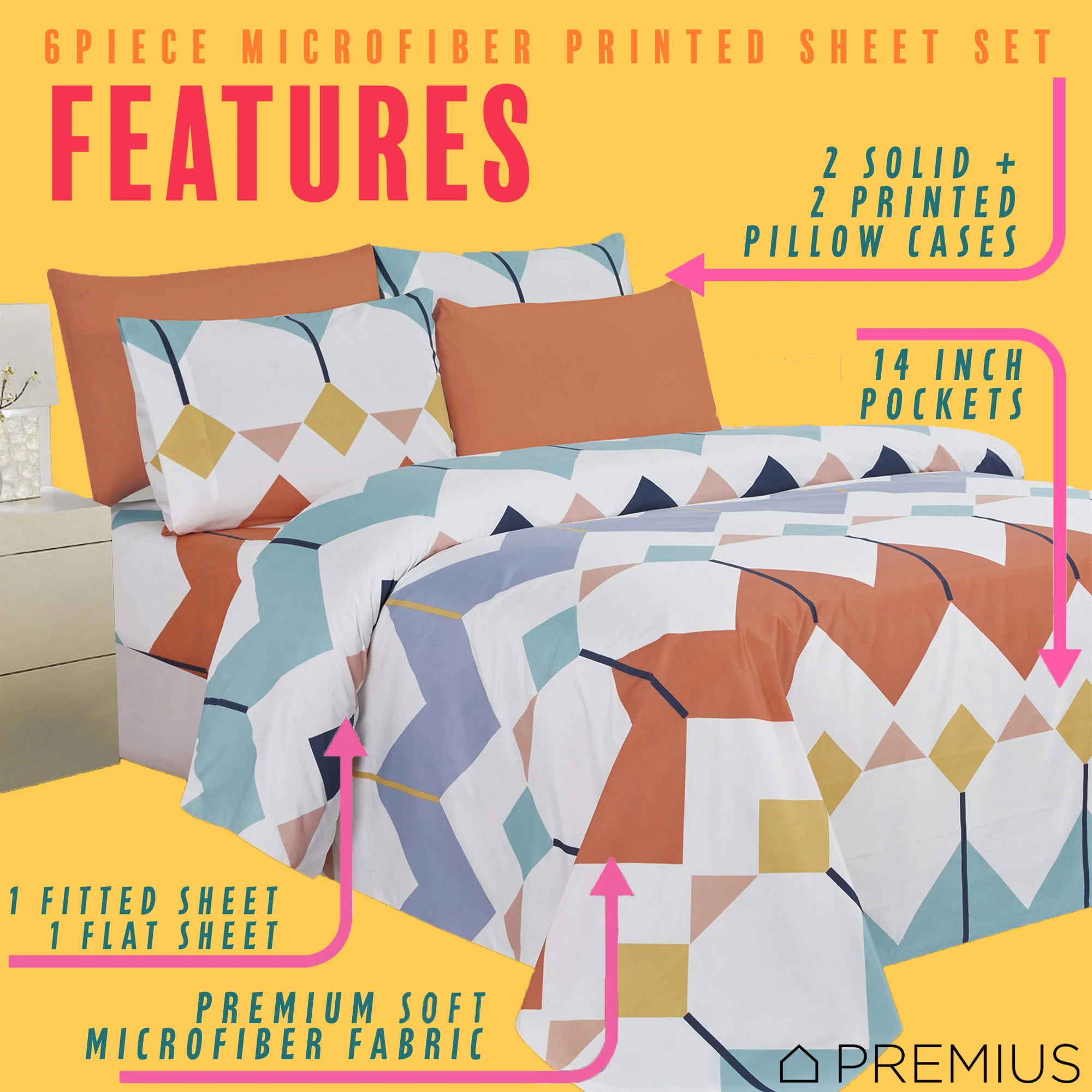 PREMIUS Premium Prism Pop 4 & 6 Piece Microfiber Printed Wrinkle-Free Sheet Set - Image 6
