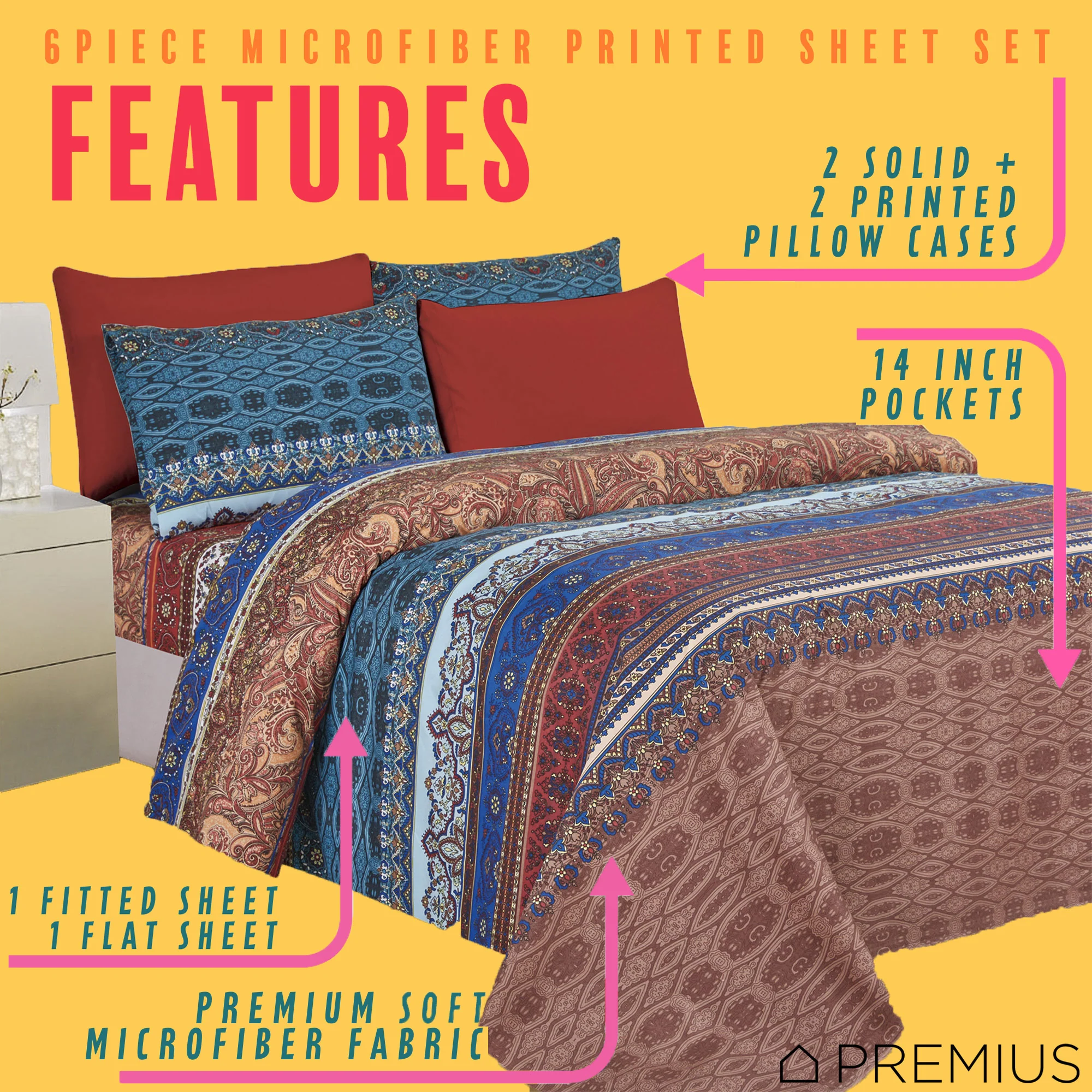 PREMIUS Premium Spice Route 4 & 6 Piece Microfiber Printed Wrinkle-Free Sheet Set - Image 6