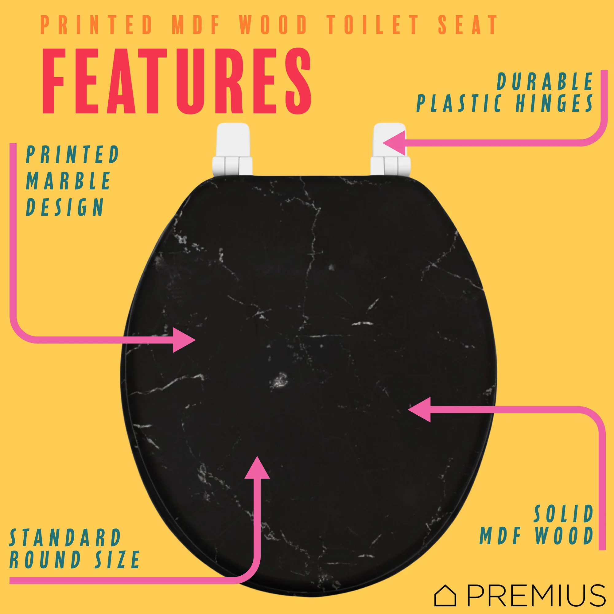 PREMIUS Printed MDF Wood Round Toilet Seat with Plastic Hinges, Black Marble, Standard 17 Inches - Image 2