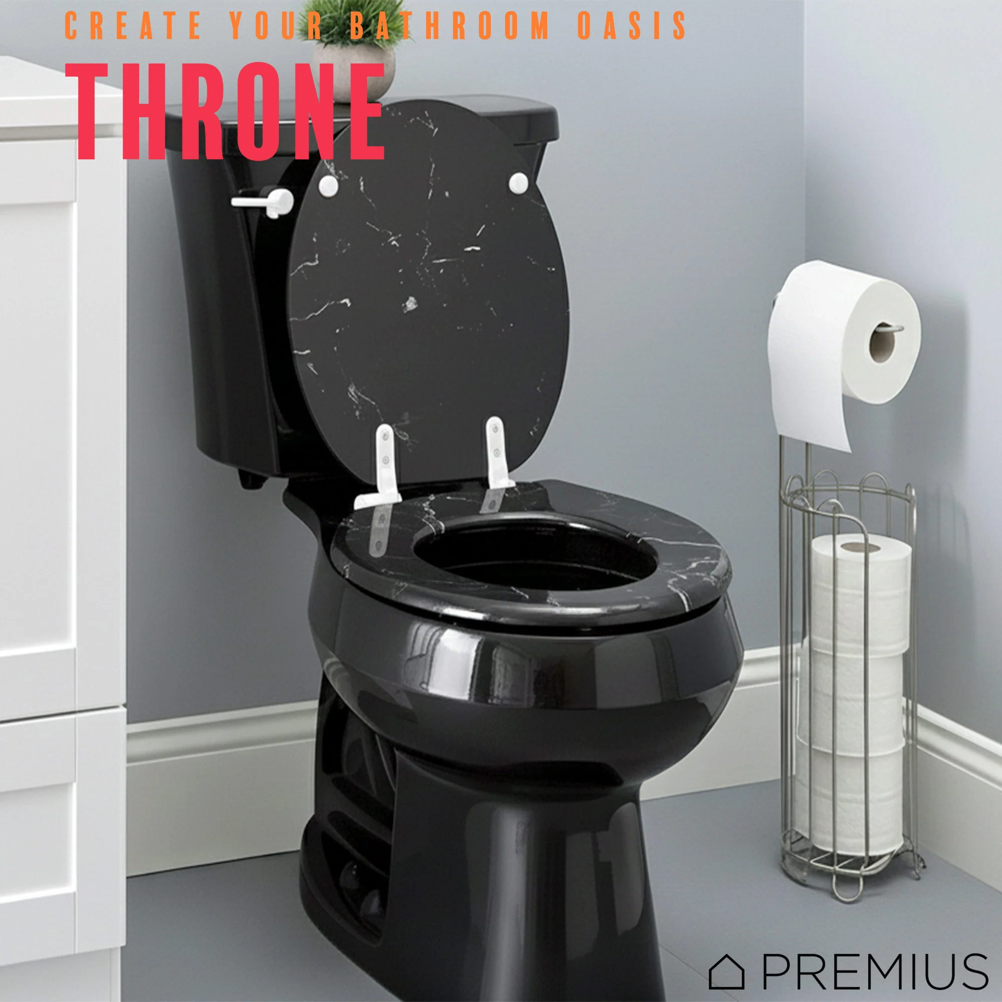 PREMIUS Printed MDF Wood Round Toilet Seat with Plastic Hinges, Black Marble, Standard 17 Inches - Image 4