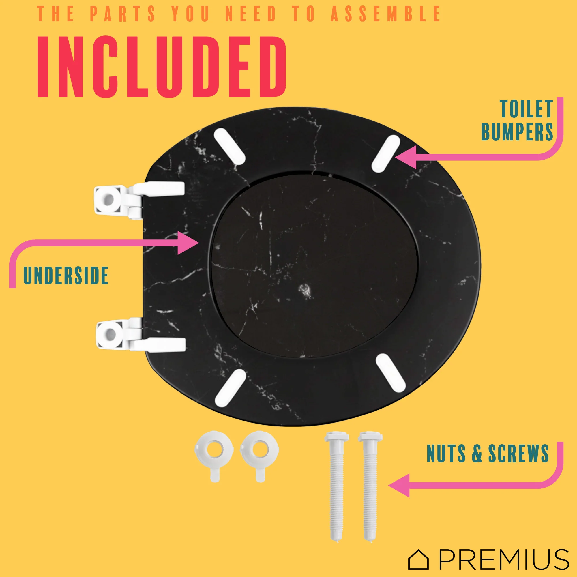 PREMIUS Printed MDF Wood Round Toilet Seat with Plastic Hinges, Black Marble, Standard 17 Inches - Image 5