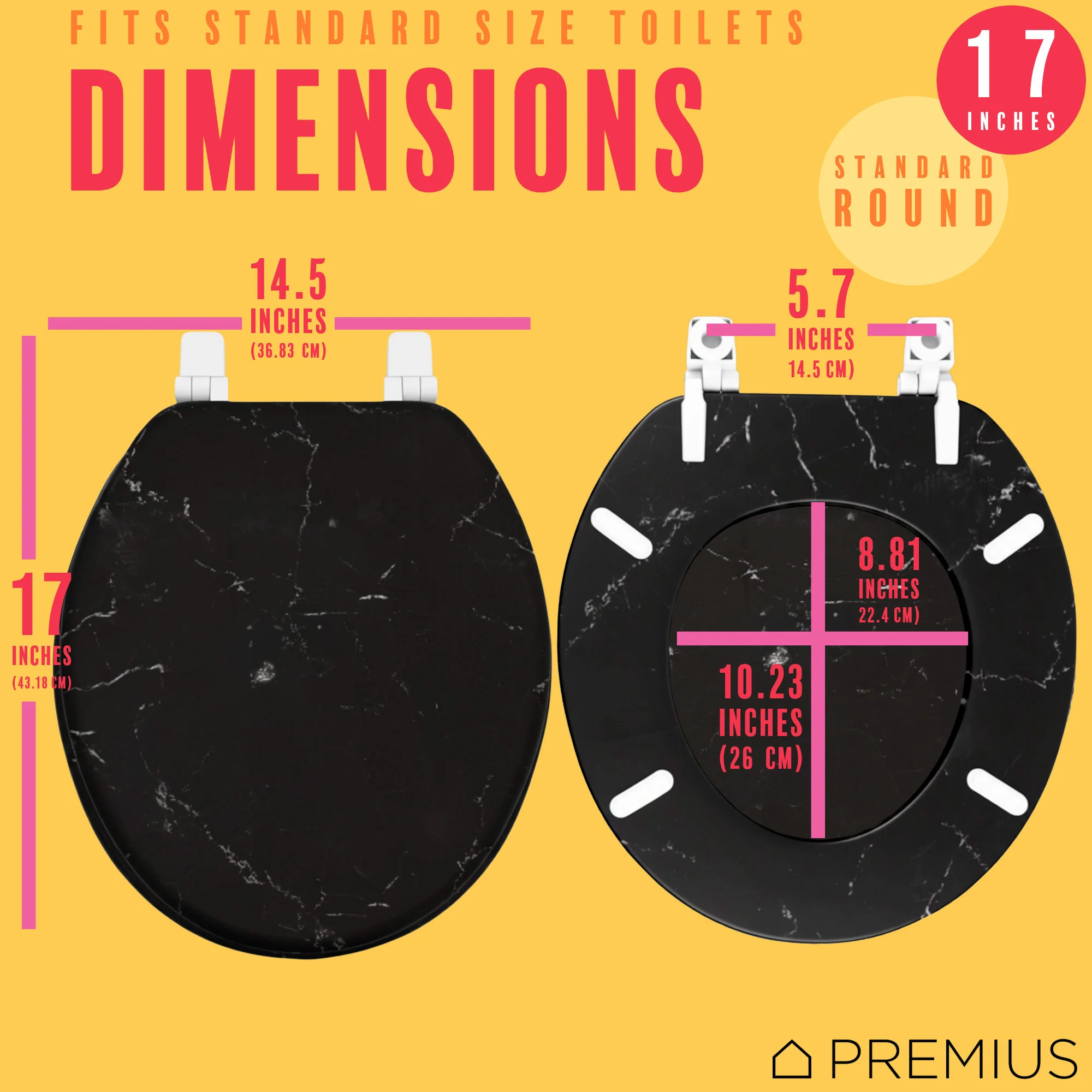 PREMIUS Printed MDF Wood Round Toilet Seat with Plastic Hinges, Black Marble, Standard 17 Inches - Image 6