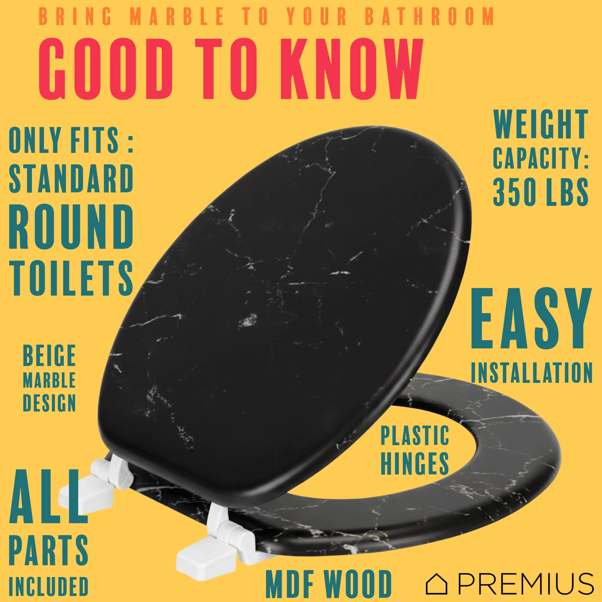 PREMIUS Printed MDF Wood Round Toilet Seat with Plastic Hinges, Black Marble, Standard 17 Inches - Image 7