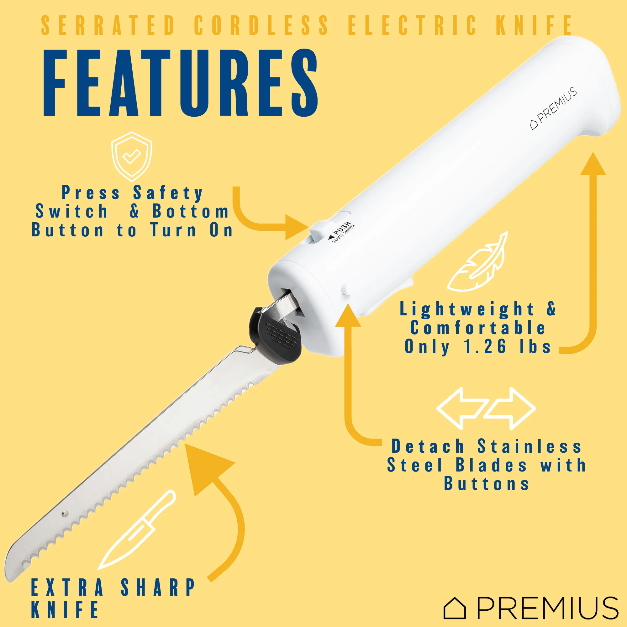 PREMIUS Professional Rechargeable Cordless Electric Knife, 1 Serrated Blade, White - Image 2