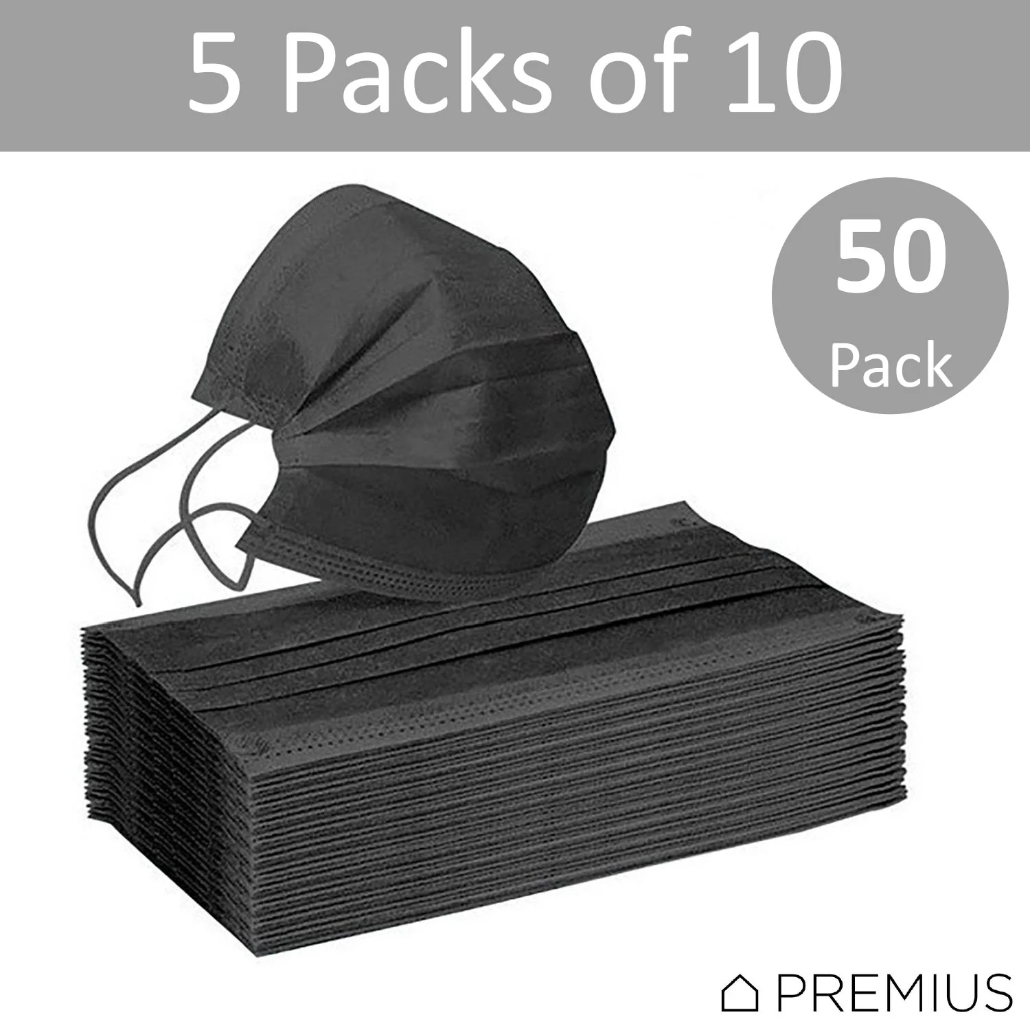 Premius Protective Disposable Face Mask, Elastic Band, Black, Metal Nose Wire, 50-Pack - Image 5