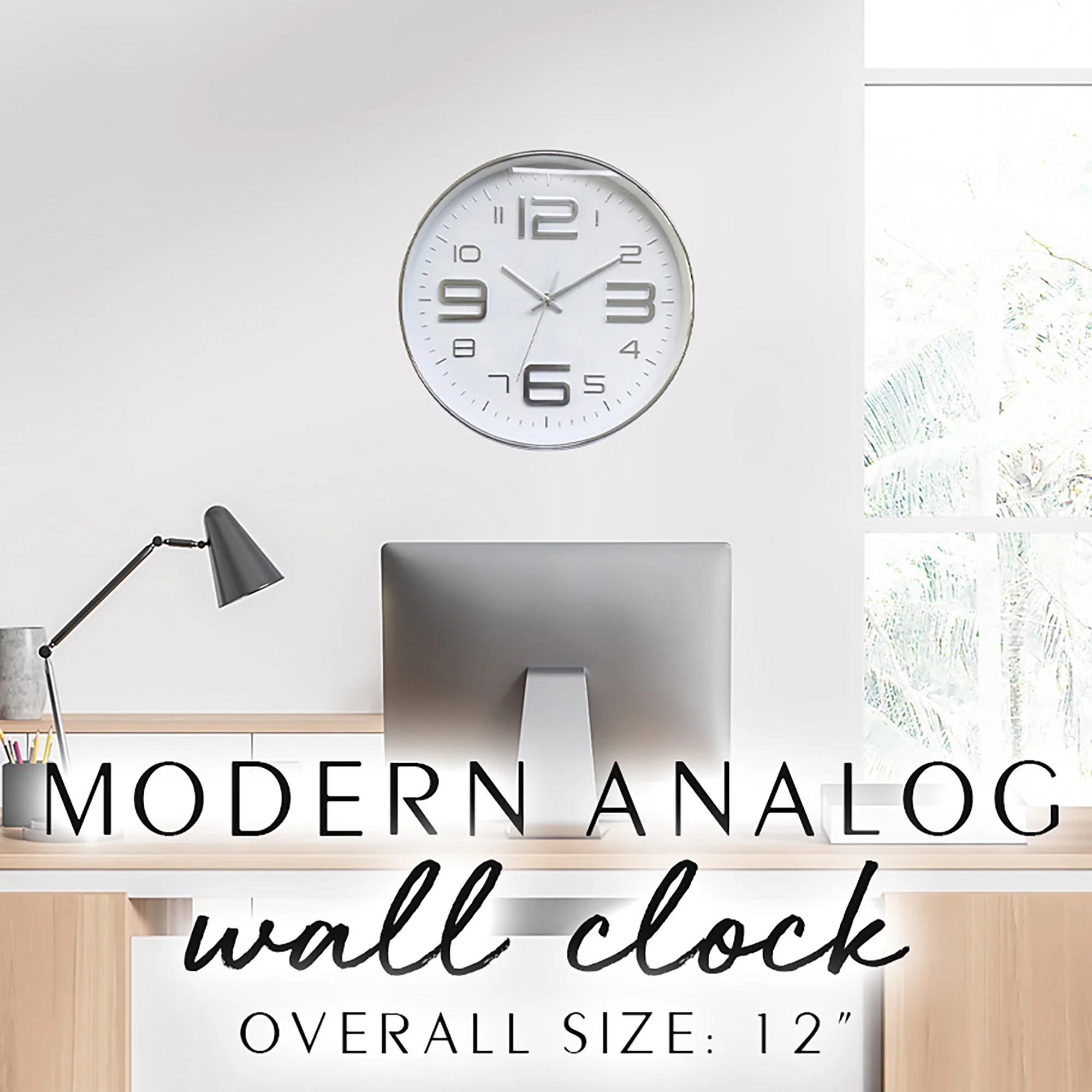 PREMIUS Raised Numbers and Minimalist Clean Lines Round Wall Clock, Silver, 12 Inches - Image 2