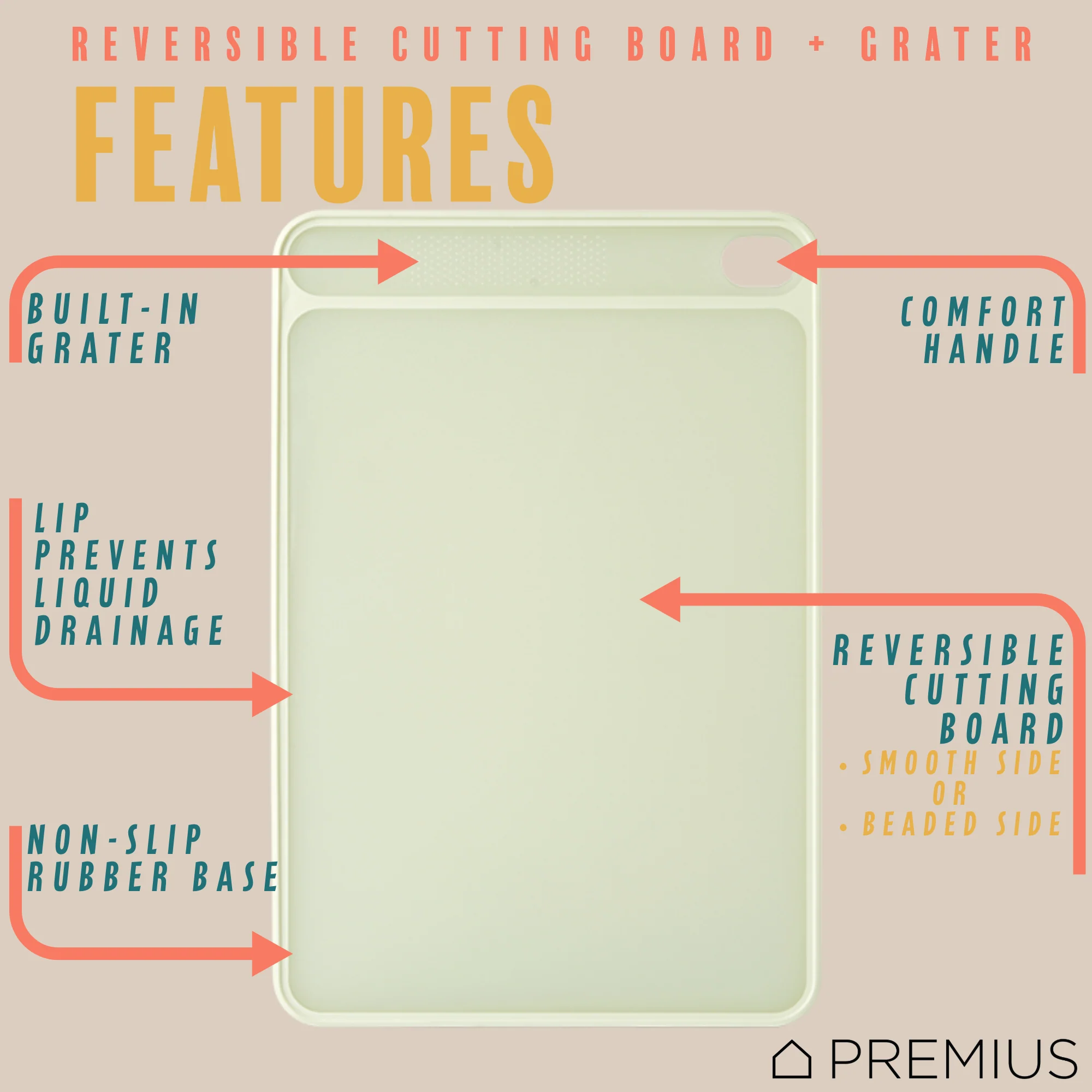PREMIUS Reversible Non-Slip Cutting Board with Grater, Green, Large, 10.82x16.12 Inches - Image 2