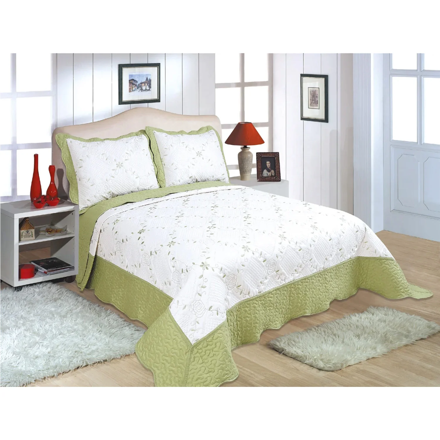 PREMIUS Reversible Quilt Set, Bordered Embroidered Floral - Image 10