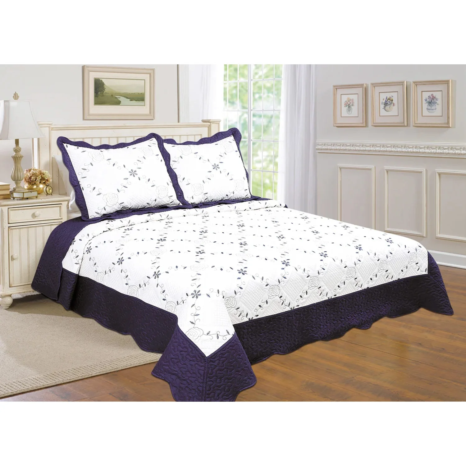 PREMIUS Reversible Quilt Set, Bordered Embroidered Floral - Image 11
