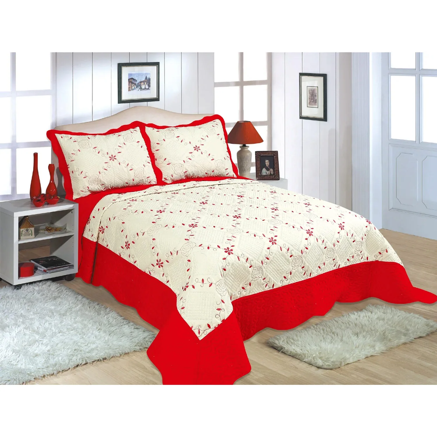 PREMIUS Reversible Quilt Set, Bordered Embroidered Floral - Image 12