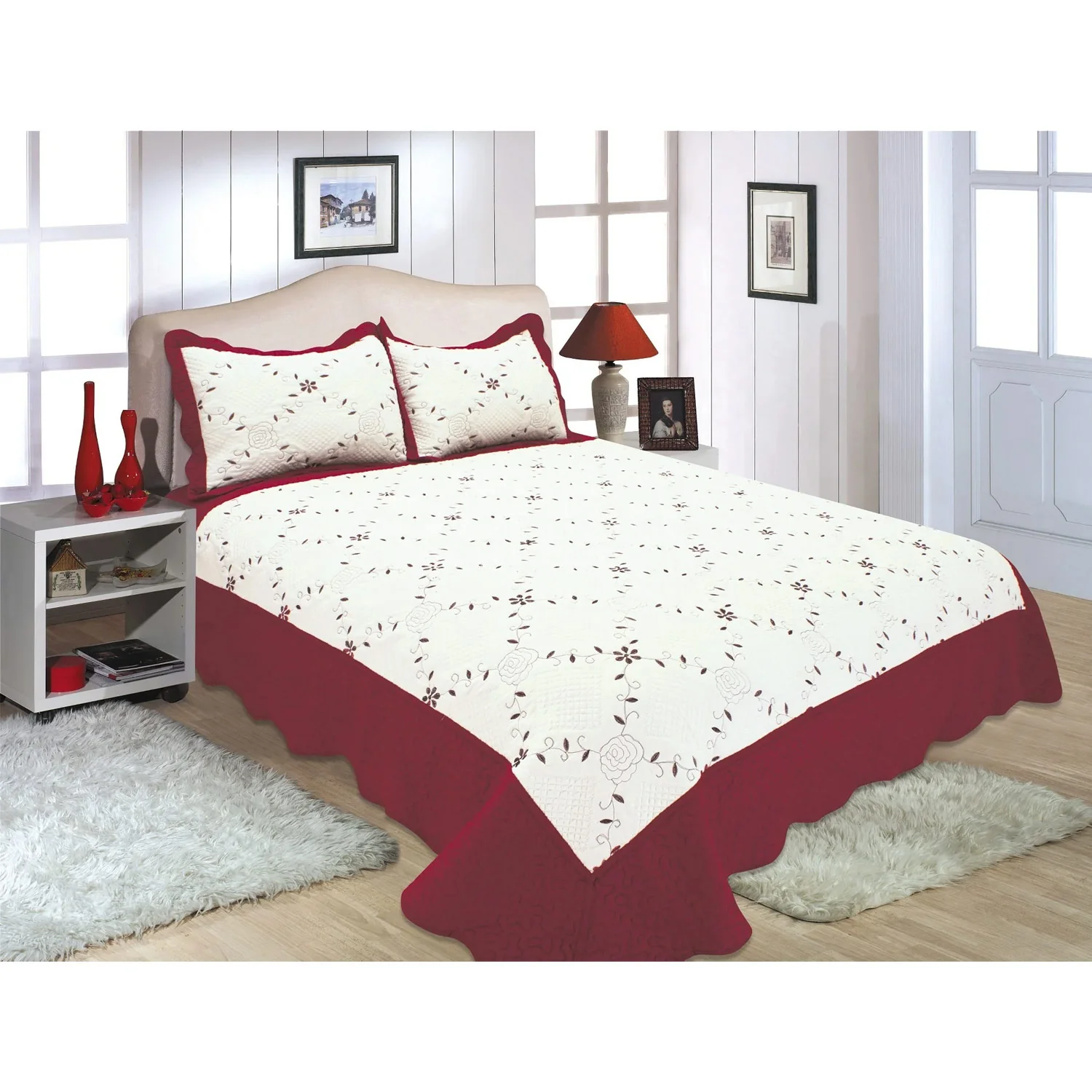 PREMIUS Reversible Quilt Set, Bordered Embroidered Floral - Image 14