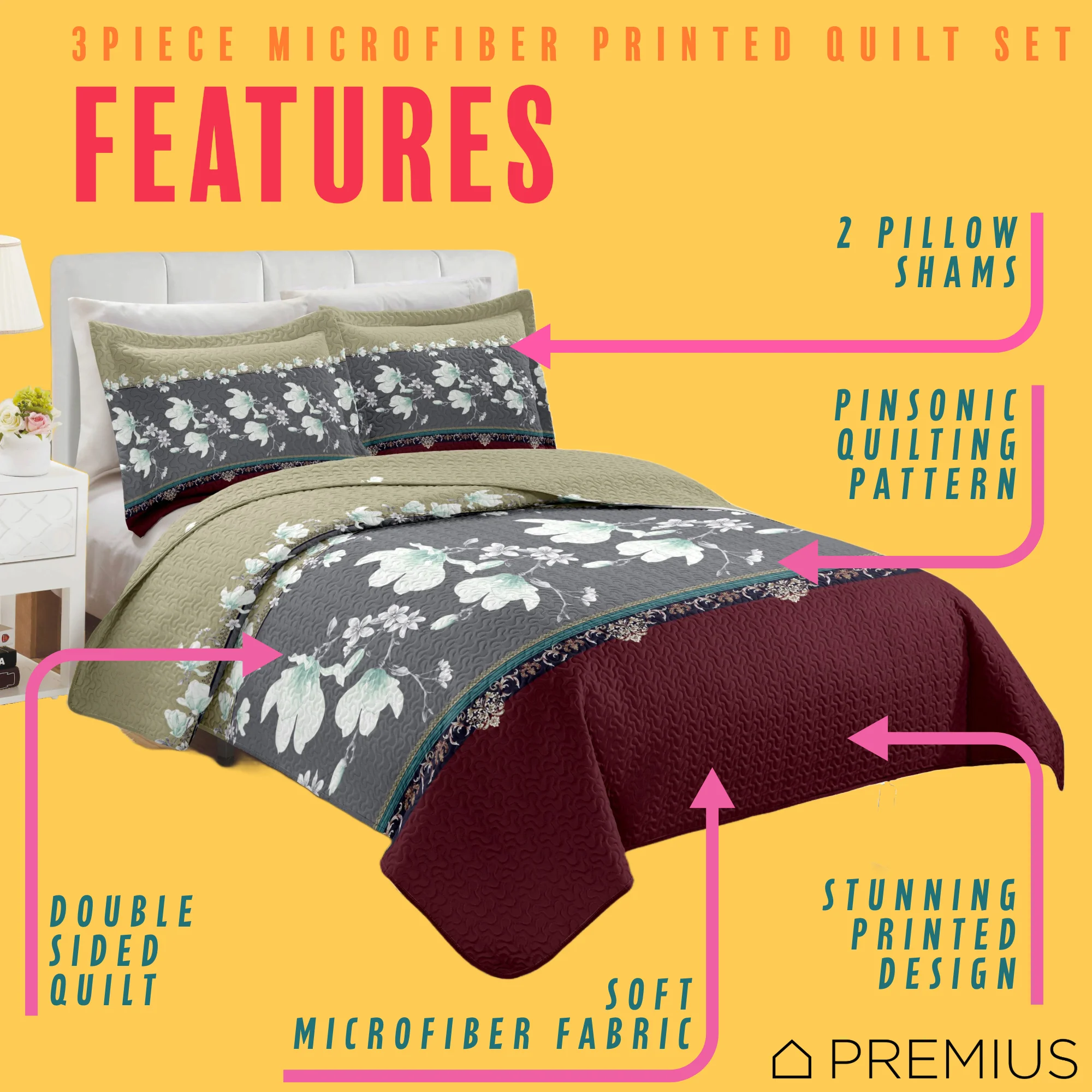 PREMIUS Scarlett 3 Piece Microfiber Wrinkle-Free Quilt Set, Brick-Gray-Beige - Image 2