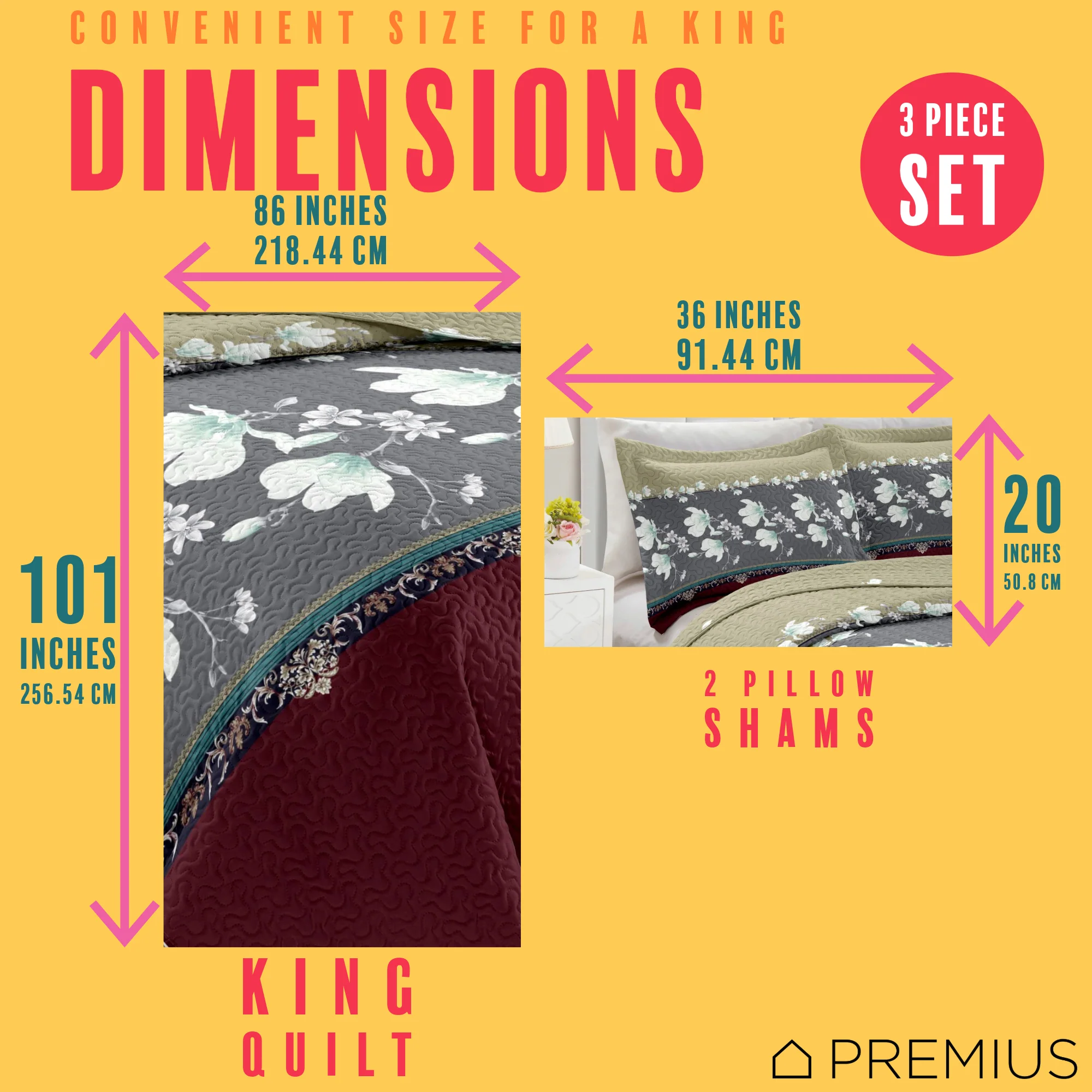 PREMIUS Scarlett 3 Piece Microfiber Wrinkle-Free Quilt Set, Brick-Gray-Beige - Image 4