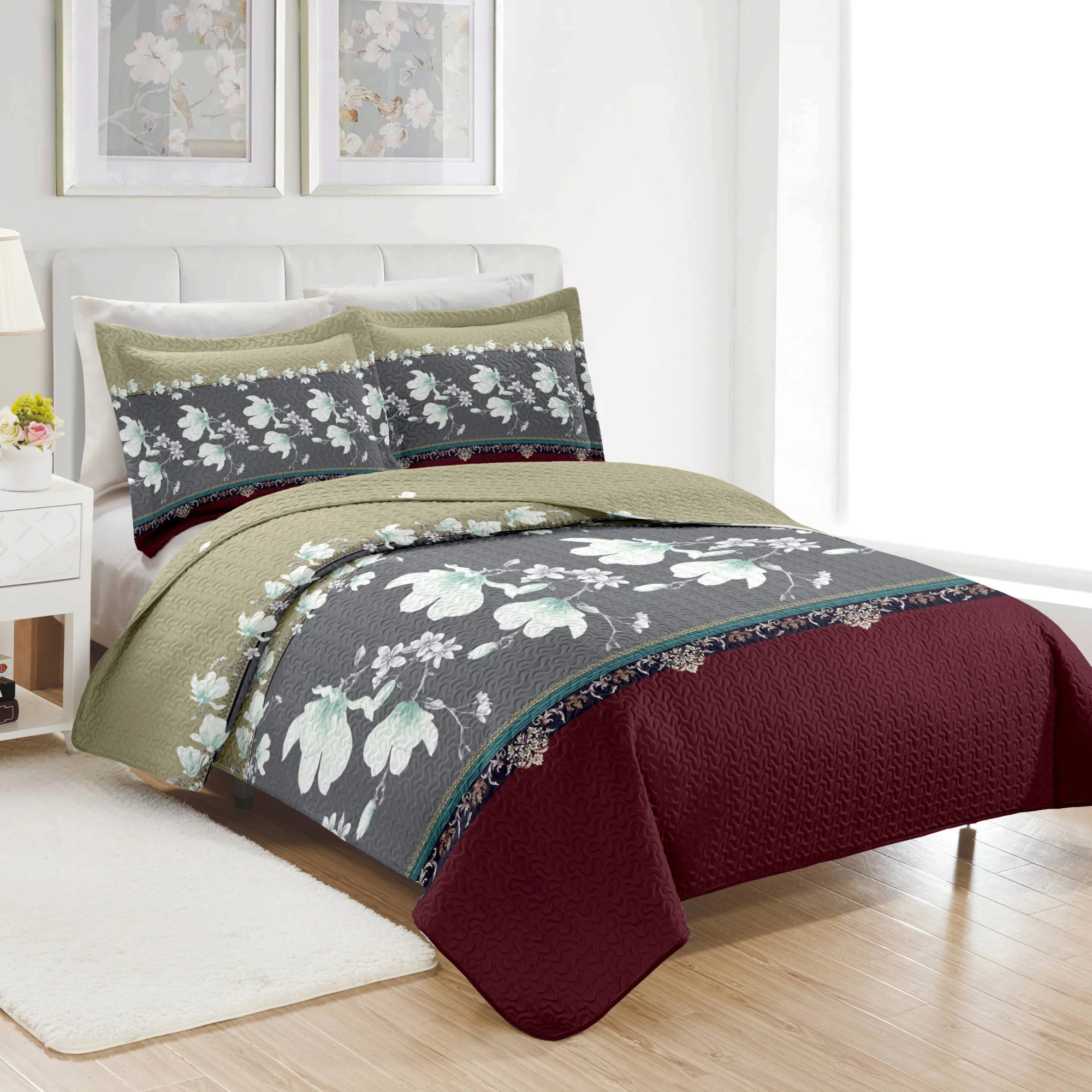 PREMIUS Scarlett 3 Piece Microfiber Wrinkle-Free Quilt Set, Brick-Gray-Beige - Image 6