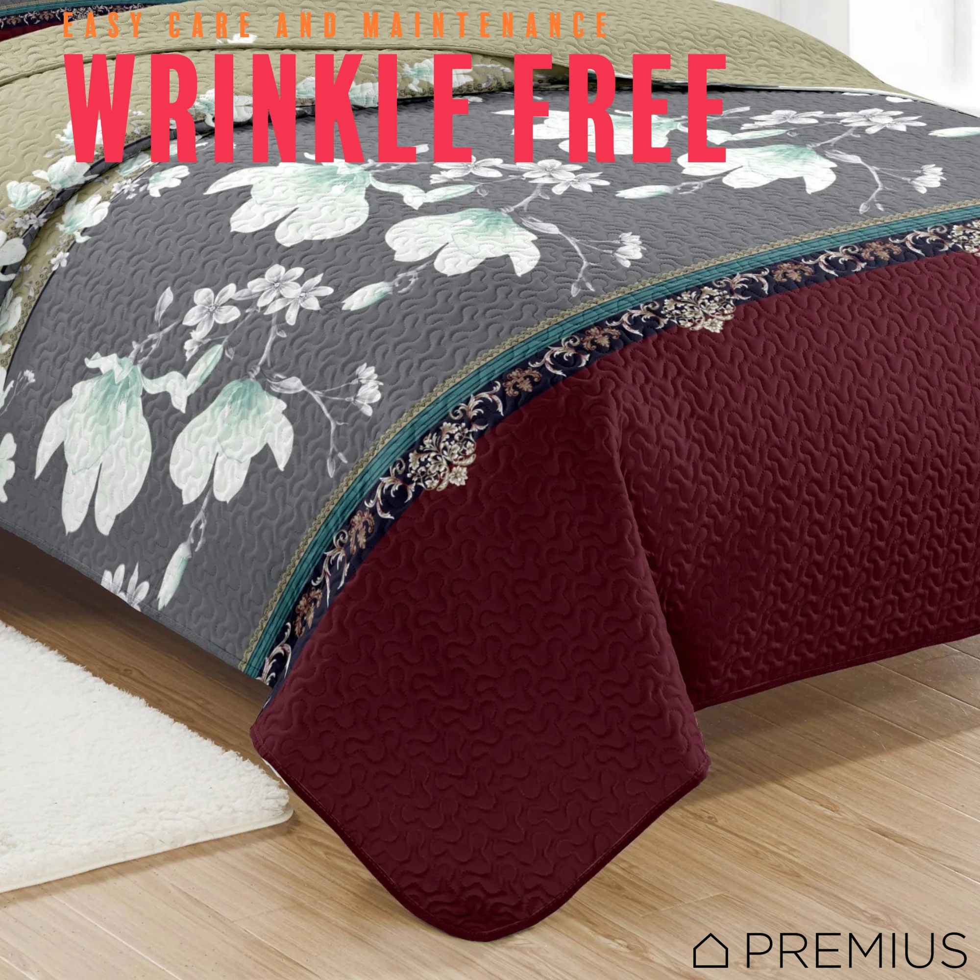 PREMIUS Scarlett 3 Piece Microfiber Wrinkle-Free Quilt Set, Brick-Gray-Beige - Image 8