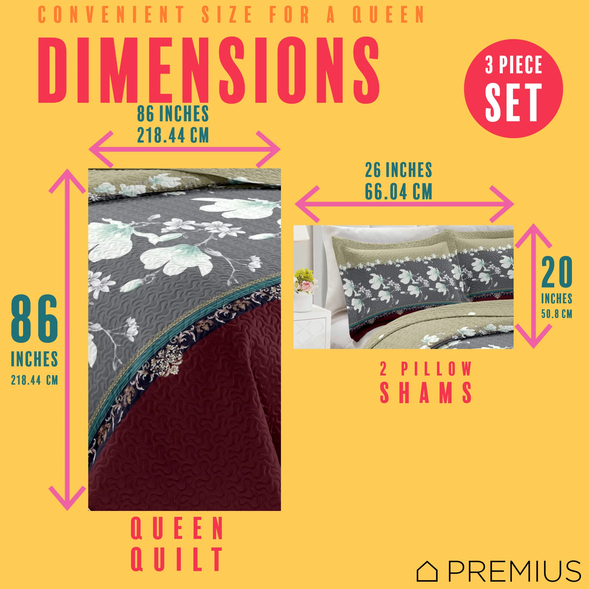 PREMIUS Scarlett 3 Piece Microfiber Wrinkle-Free Quilt Set, Brick-Gray-Beige - Image 9