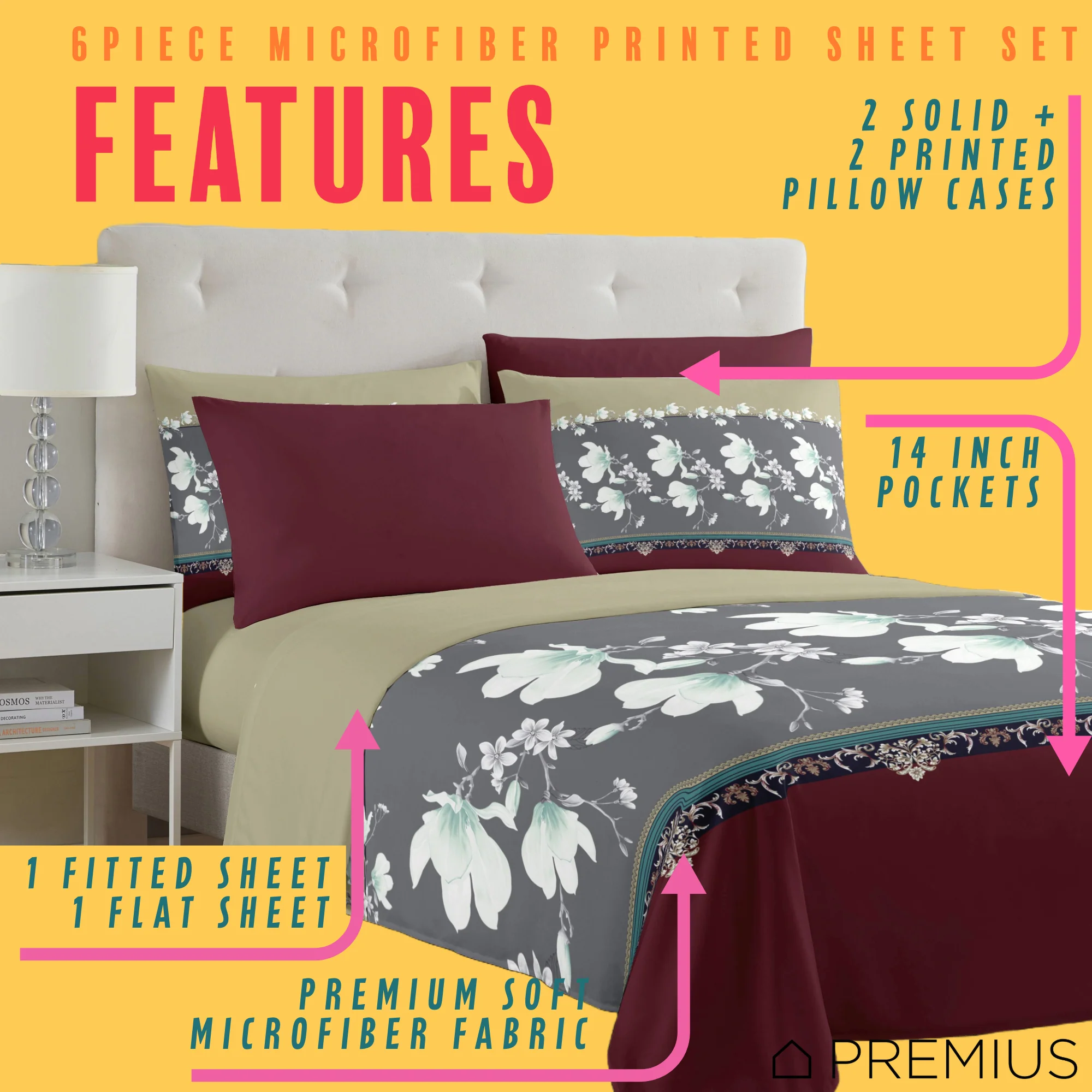 PREMIUS Scarlett Soft Wrinkle-Free Microfiber Sheet Set, Brick-Gray-Beige - Image 2