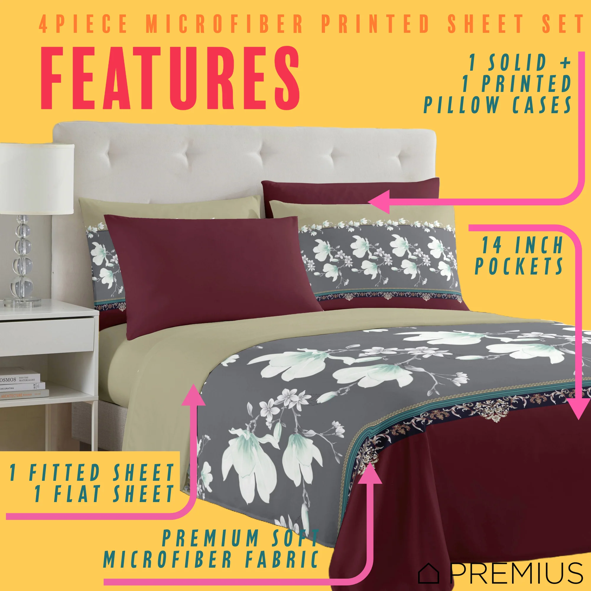 PREMIUS Scarlett Soft Wrinkle-Free Microfiber Sheet Set, Brick-Gray-Beige - Image 23