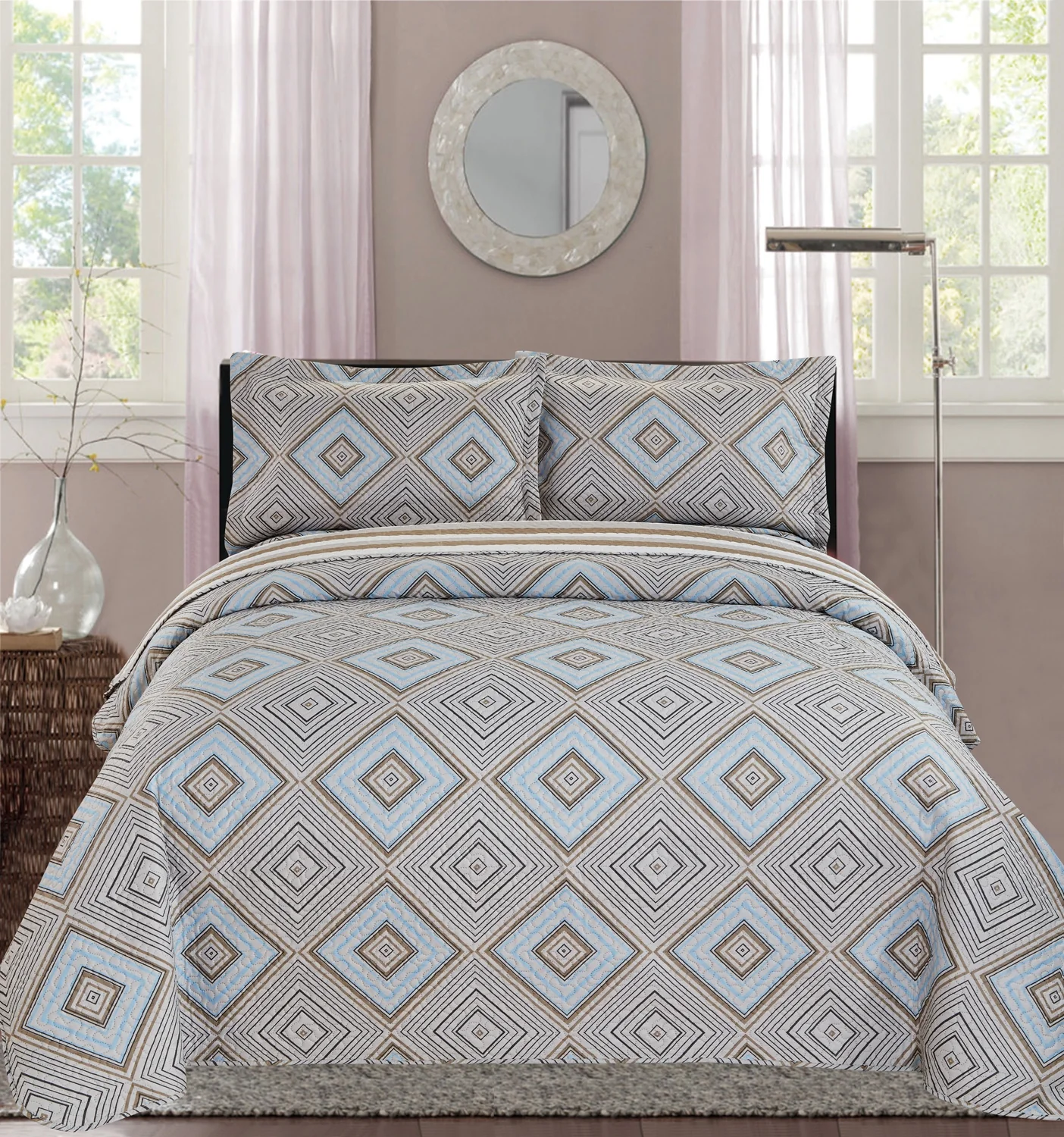 Premius Solange Diamond Printed Reversible Quilt Set, Gray - Image 3