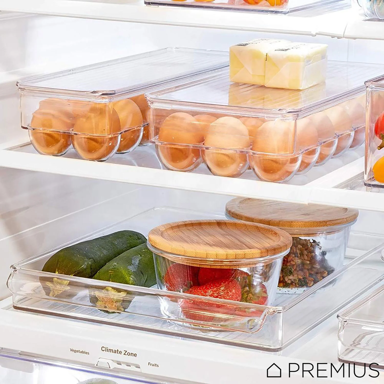PREMIUS Stackable 18 Egg Holder Fridge Bin With Lid, Clear, 12.75x6.4x3.25 Inches - Image 2