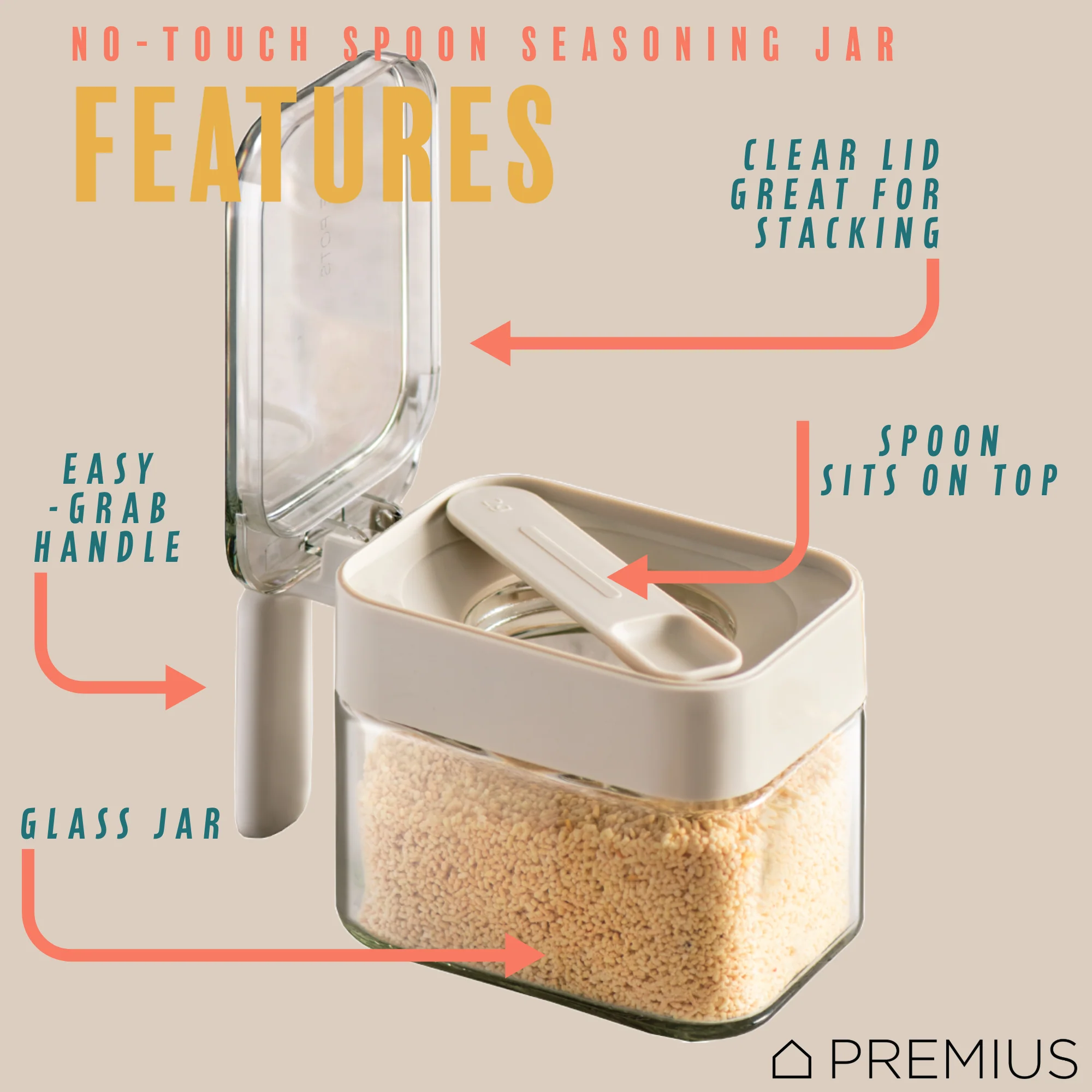 PREMIUS Stacking Glass Seasoning Spice Jar with No-Touch Spoon and Lid, White, 10.58 Ounces - Image 2