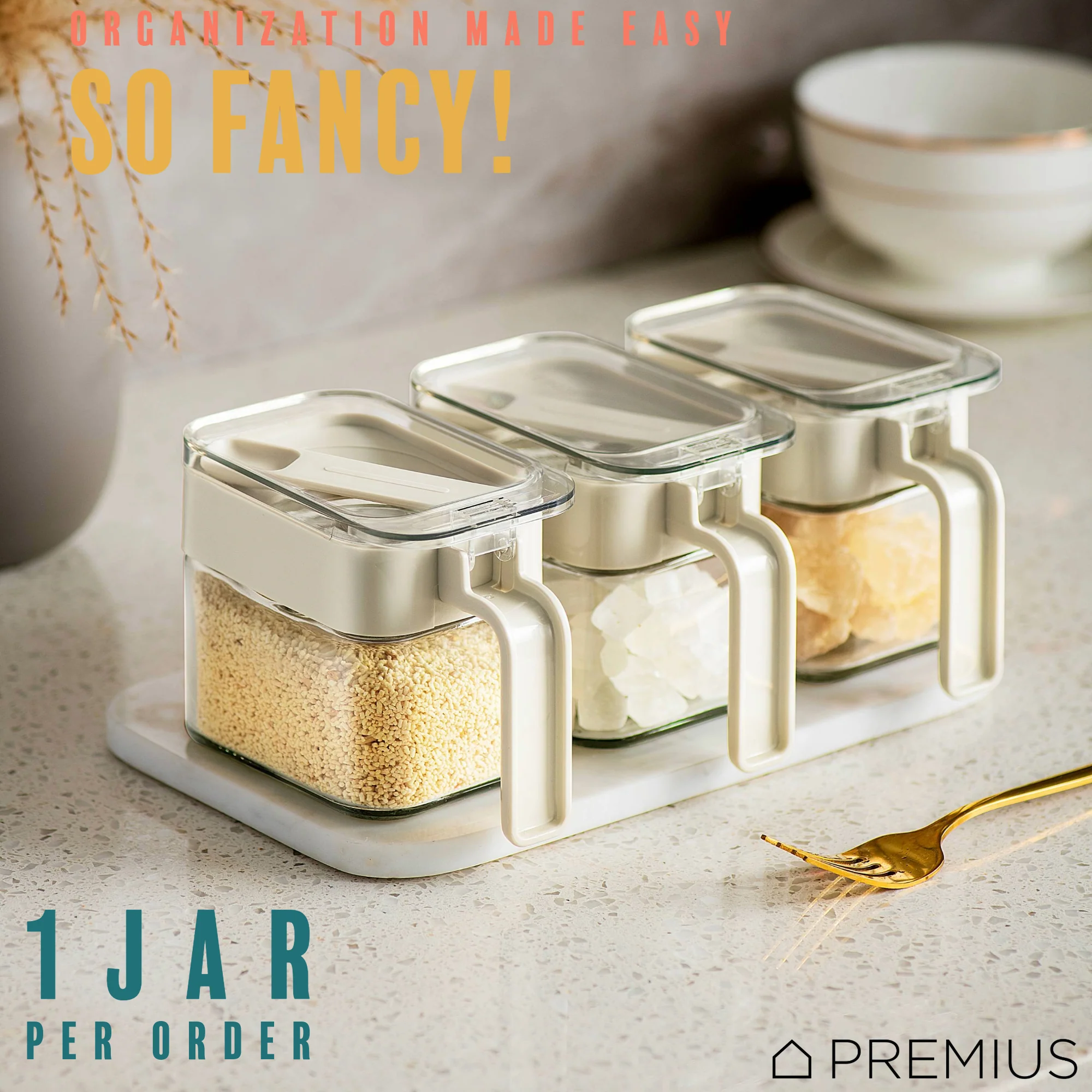 PREMIUS Stacking Glass Seasoning Spice Jar with No-Touch Spoon and Lid, White, 10.58 Ounces - Image 4