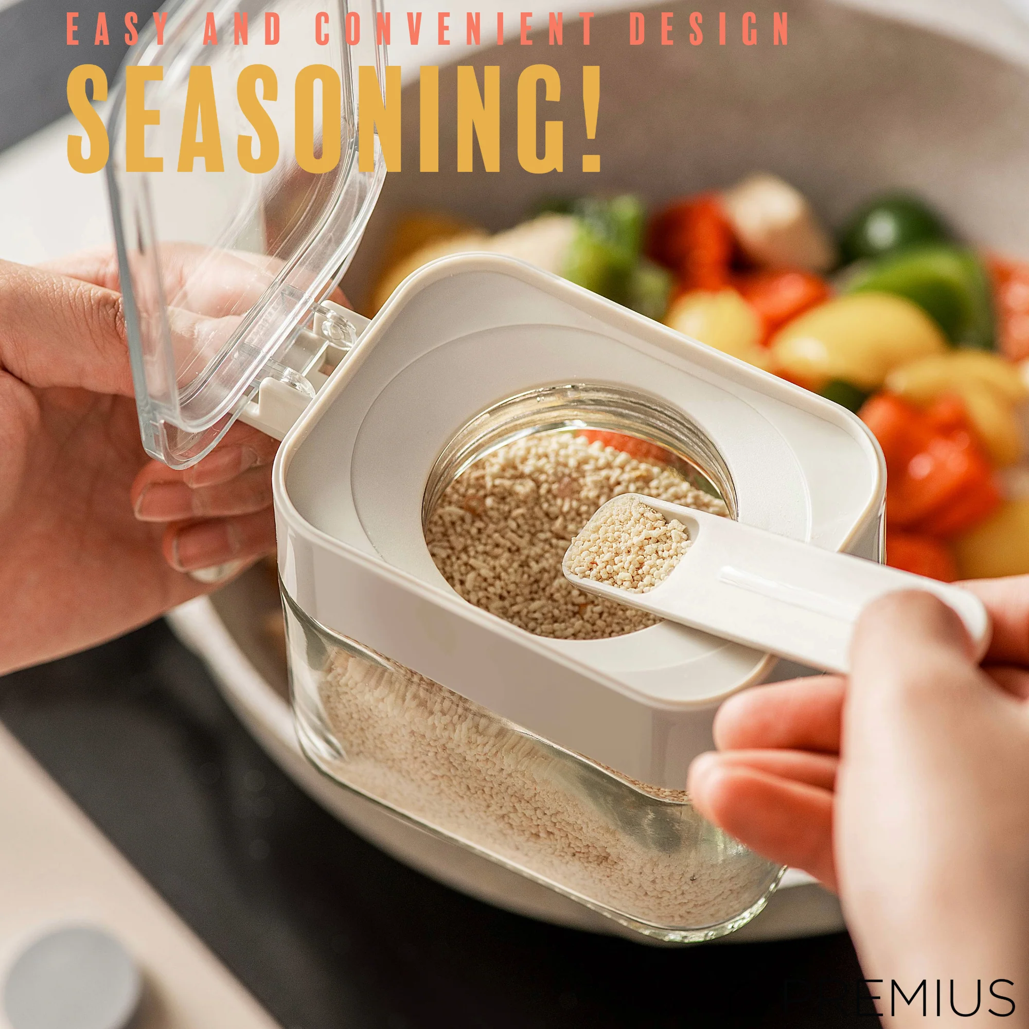 PREMIUS Stacking Glass Seasoning Spice Jar with No-Touch Spoon and Lid, White, 10.58 Ounces - Image 5