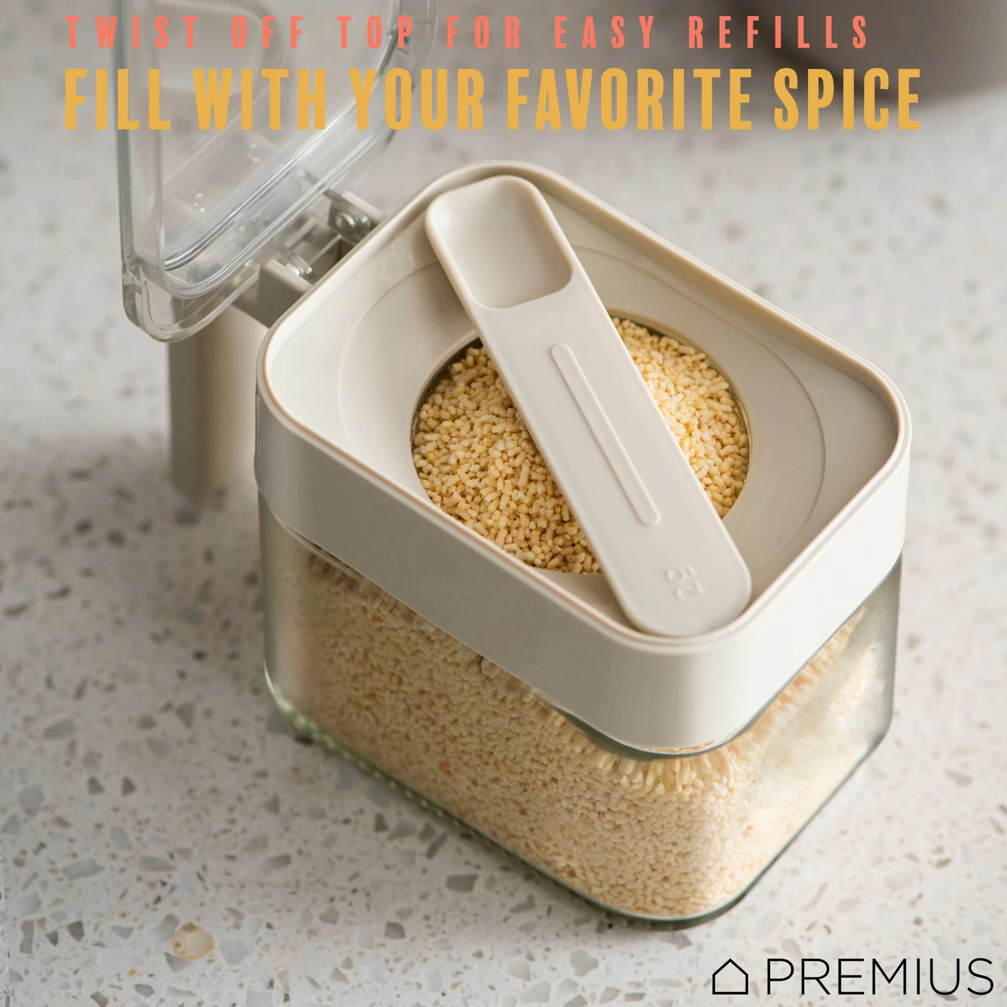 PREMIUS Stacking Glass Seasoning Spice Jar with No-Touch Spoon and Lid, White, 10.58 Ounces - Image 6