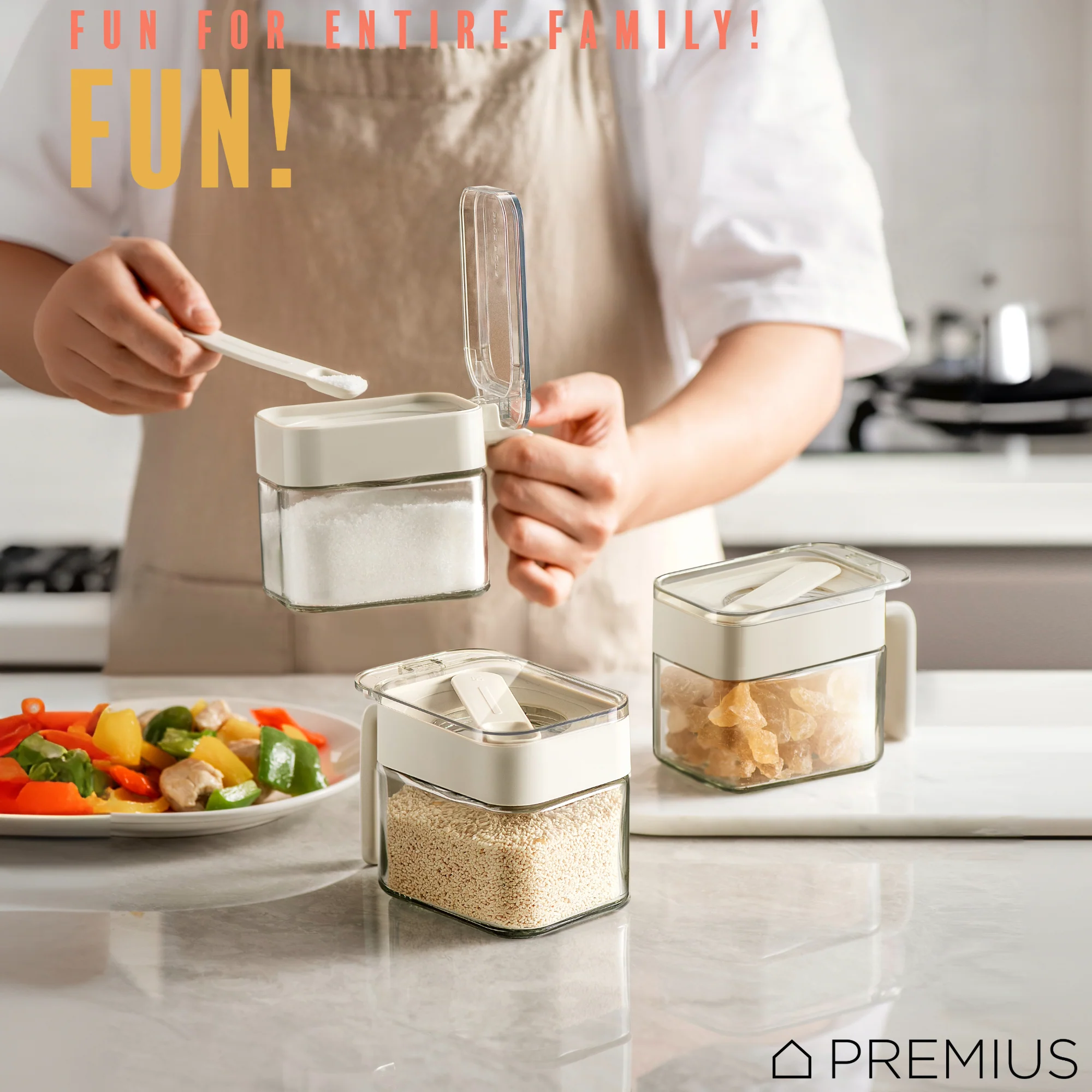 PREMIUS Stacking Glass Seasoning Spice Jar with No-Touch Spoon and Lid, White, 10.58 Ounces - Image 8