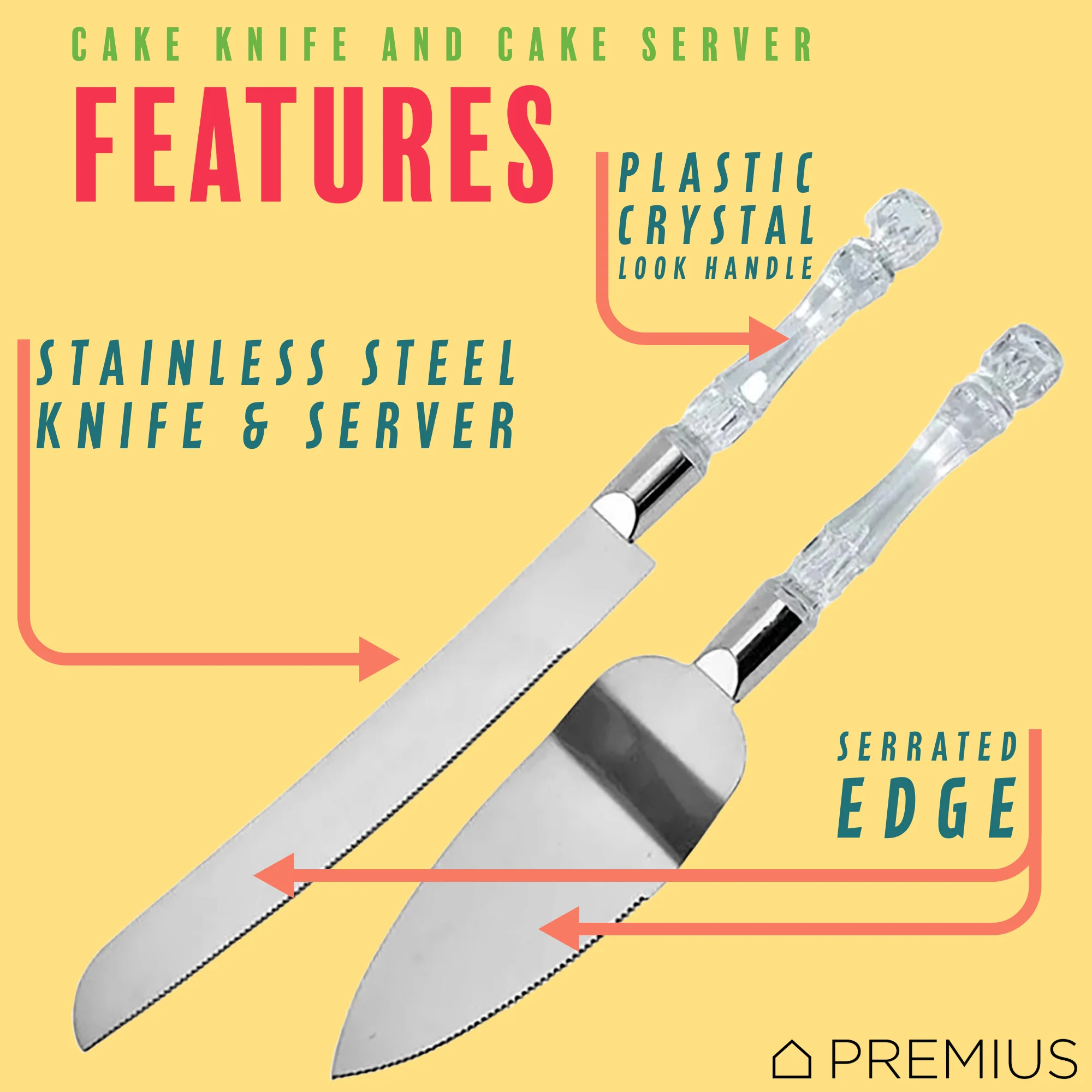 PREMIUS Stainless Steel Cake Server and Knife Set with Plastic Crystal Handle, 13 & 10.5 Inches (Pack of 2) - Image 2