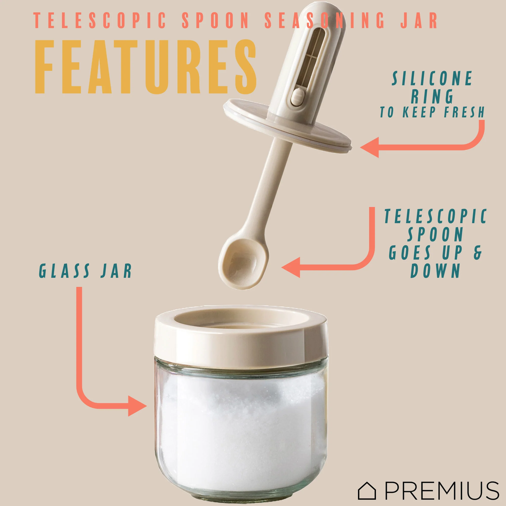 PREMIUS Telescopic Spoon Spice Seasoning Glass Container Jar, White, 10.15 Ounces, 3x3x5 Inches - Image 2