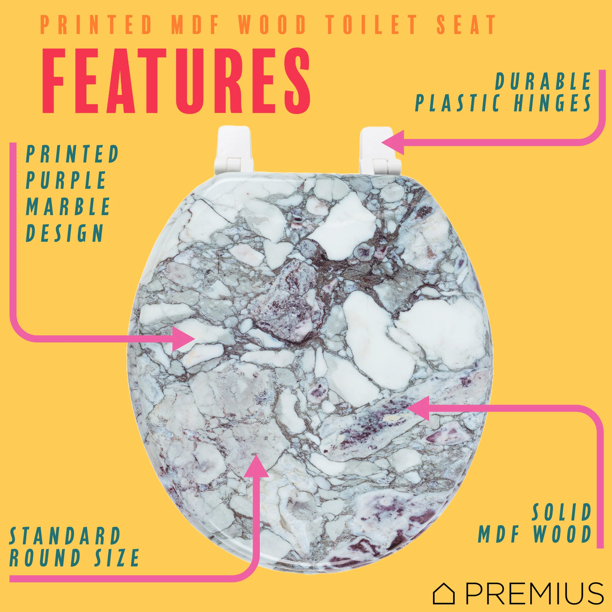 PREMIUS Wood Toilet Seat, Purple Marble, Standard Round, 17 Inches - Image 2