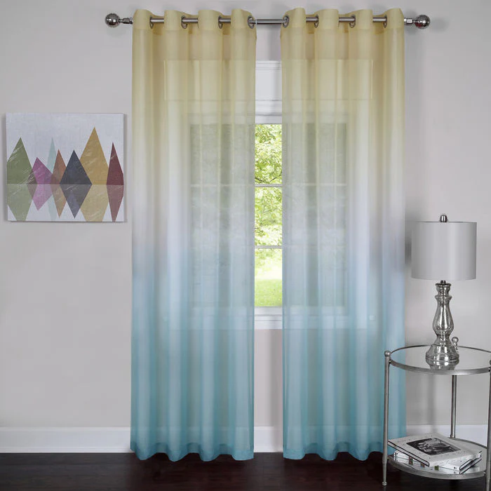 Rainbow Sheer 8 Grommet Ombre Faded Panel, Teal Blue-Yellow, 52x84 Inches
