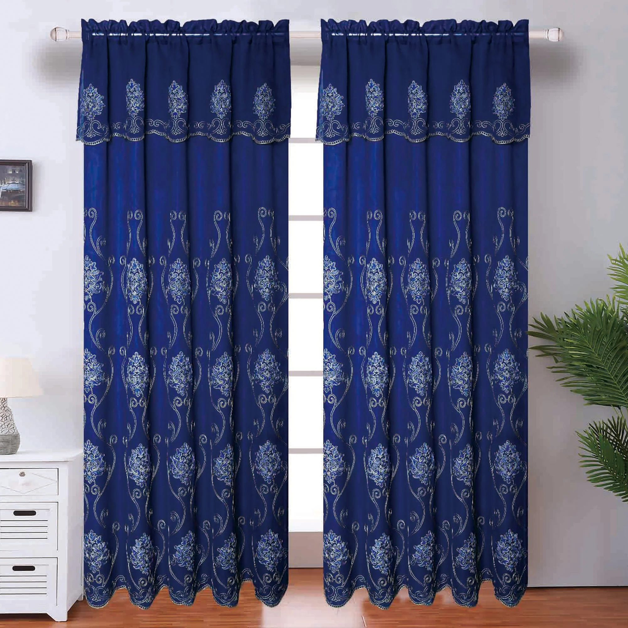 Regina Damask Embroidered Rod Pocket Window Panel with Valance and Backing, 54x84 Inches - Image 2
