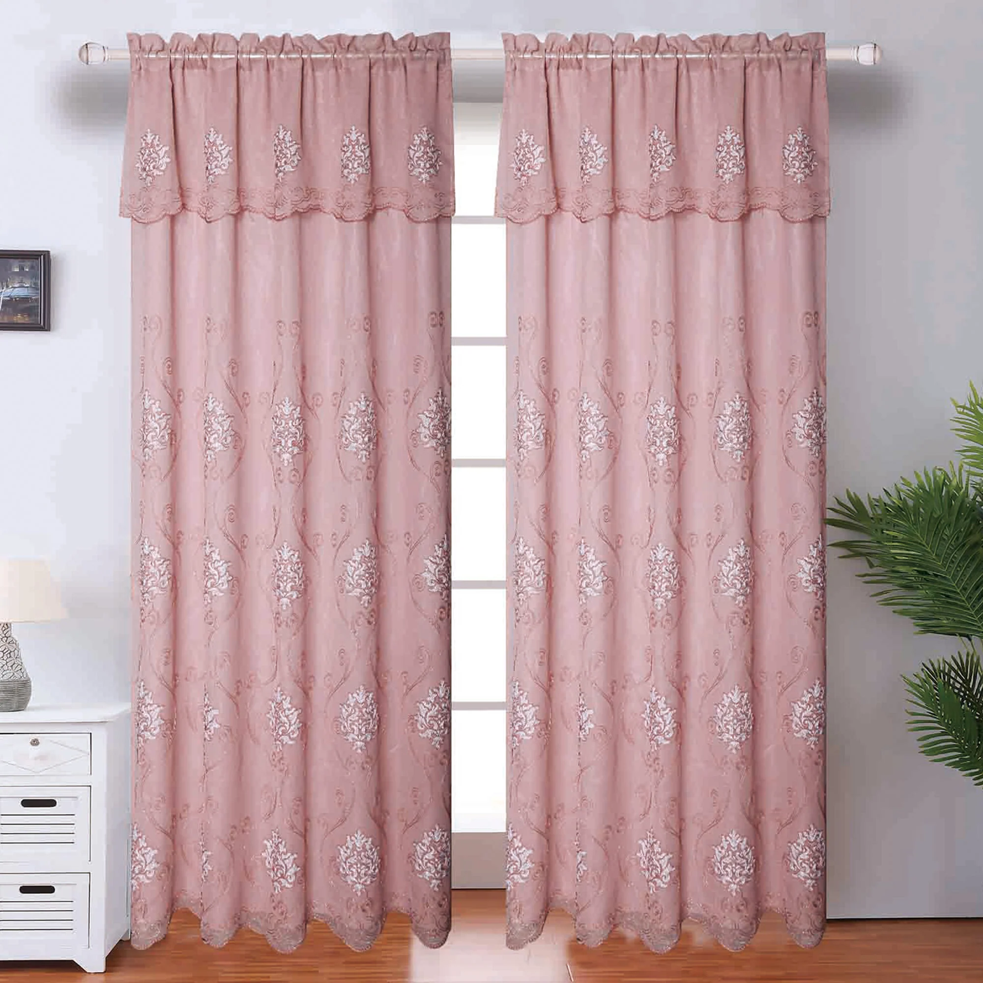 Regina Damask Embroidered Rod Pocket Window Panel with Valance and Backing, 54x84 Inches - Image 3