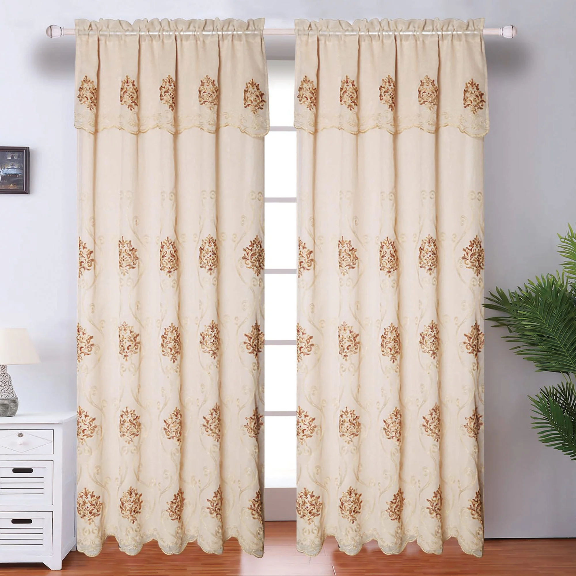 Regina Damask Embroidered Rod Pocket Window Panel with Valance and Backing, 54x84 Inches - Image 6