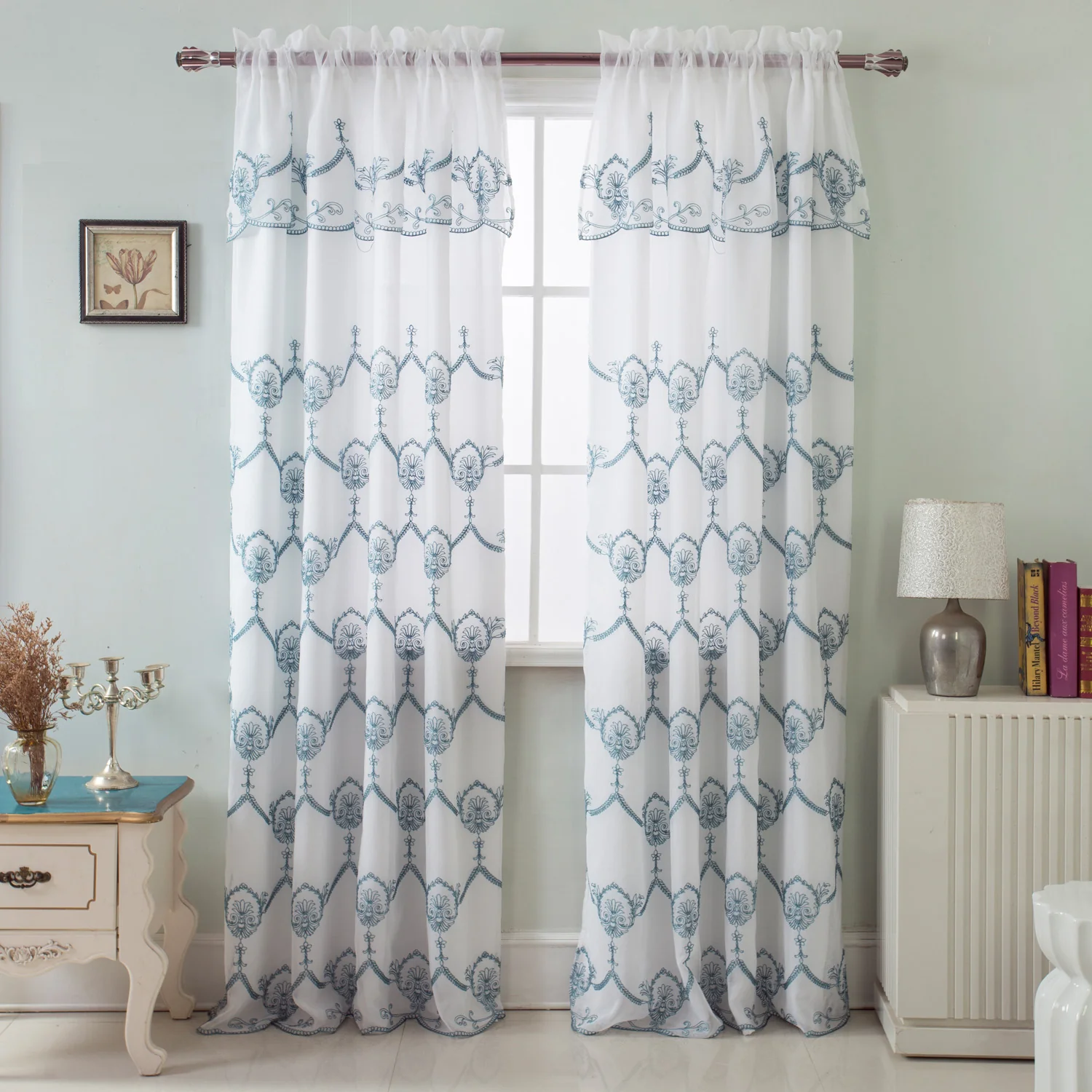 Rochelle Embroidered Rod Pocket Panel With Attached Valance, 54x84 Inches - Image 9