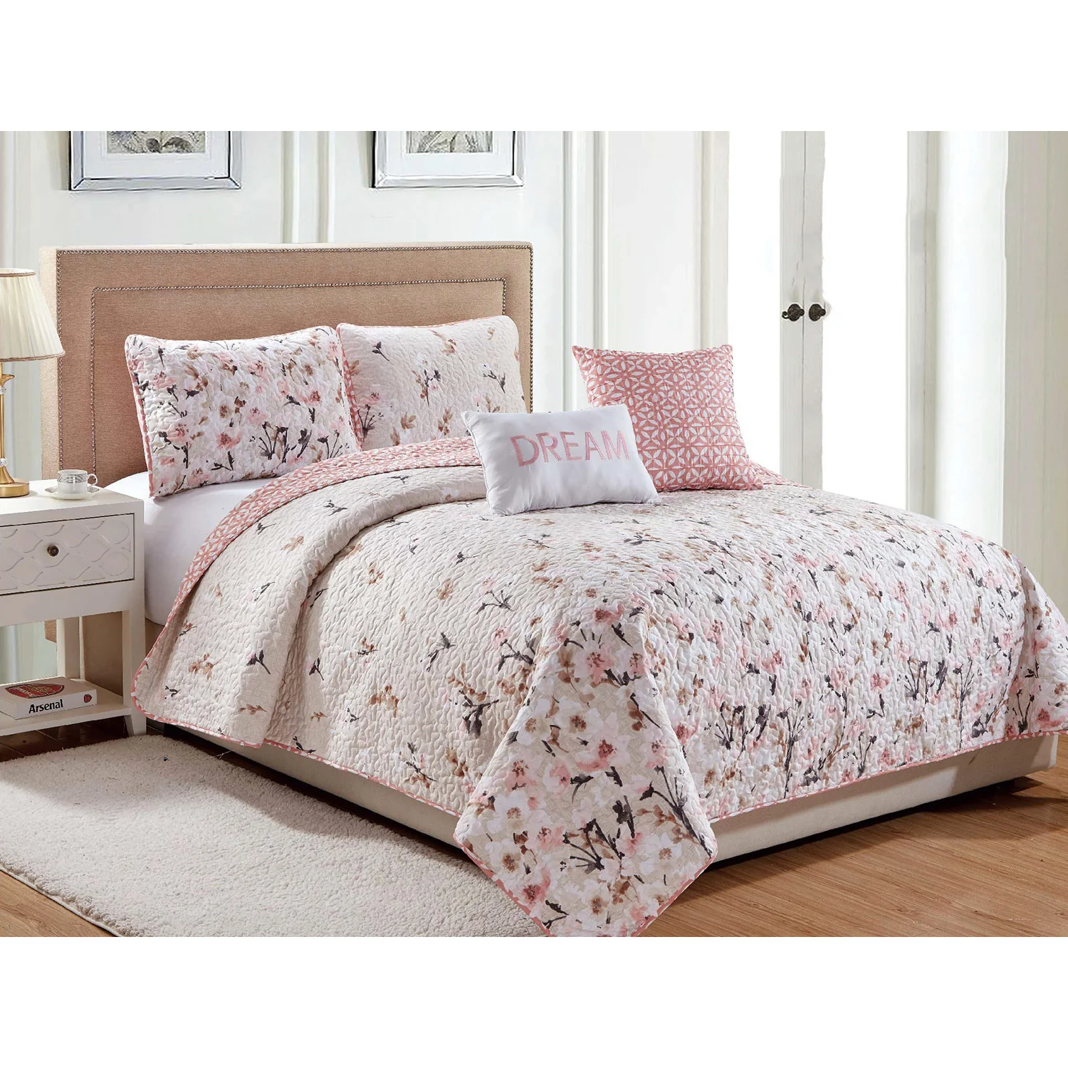 Rose Garden Oversized 5-Piece Reversible Quilt Set, Pink - Image 2