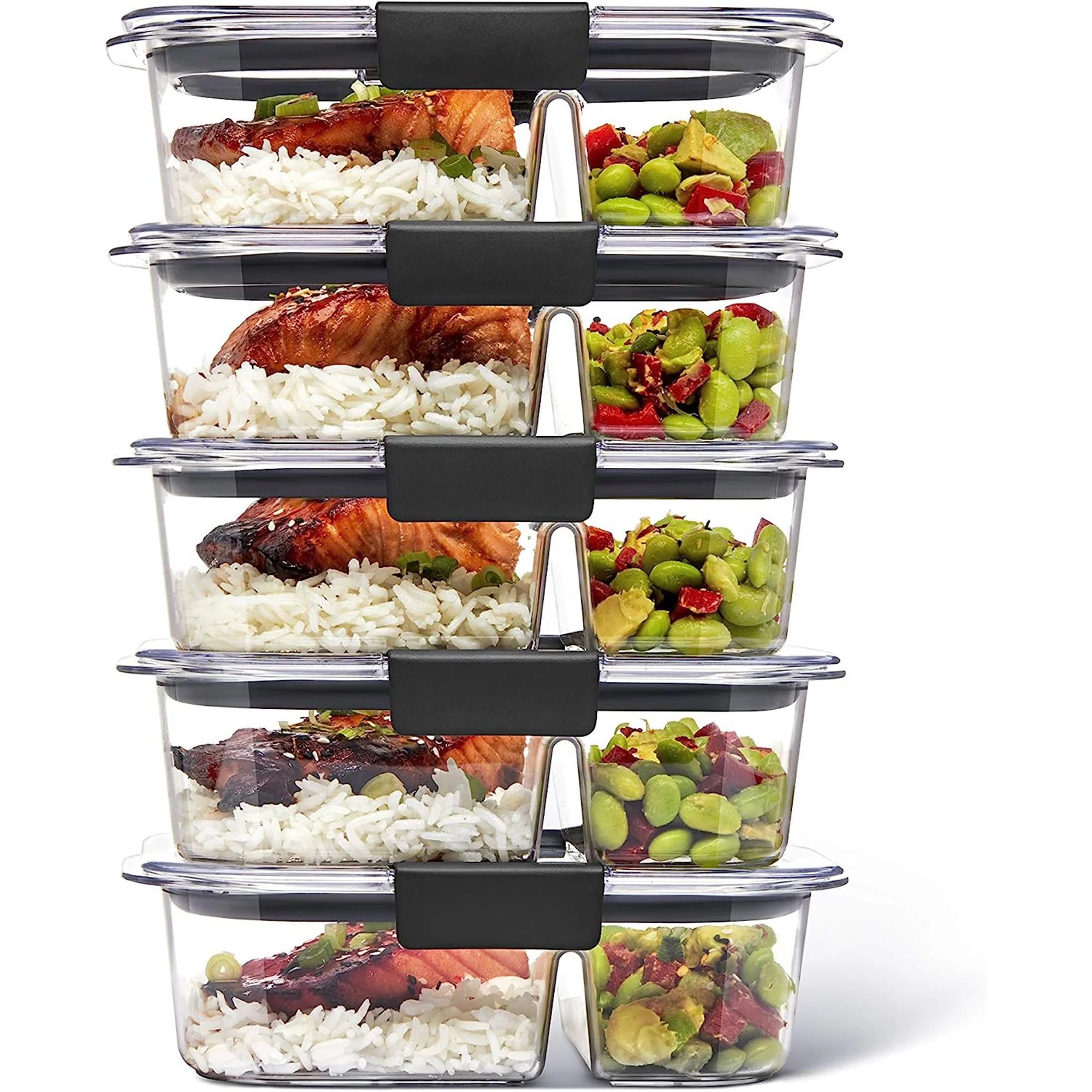Rubbermaid Brilliance 10-Piece Plastic Meal Preparation Set with Built in Dividers, Clear