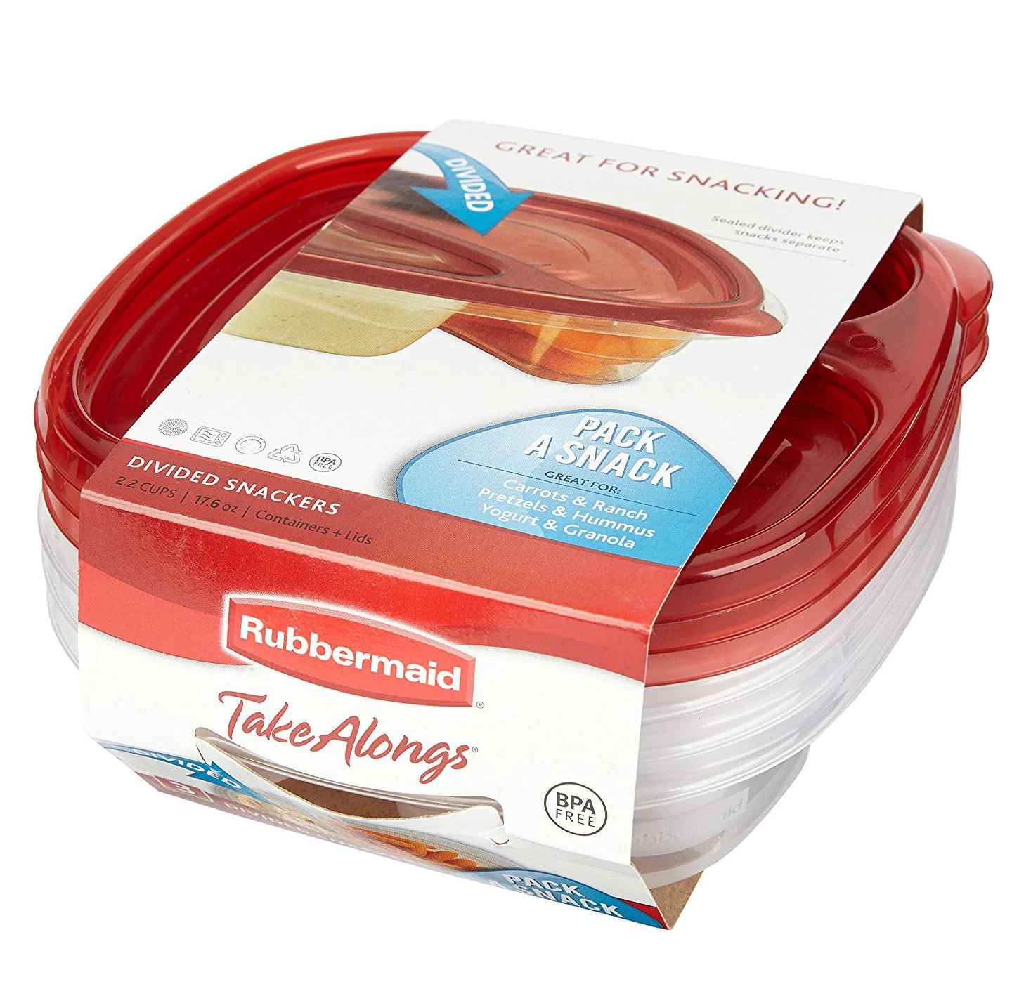 Rubbermaid Take Along Divided Snack Bowls, Chili Red, 2.2 Cup, 3-Count - Image 3
