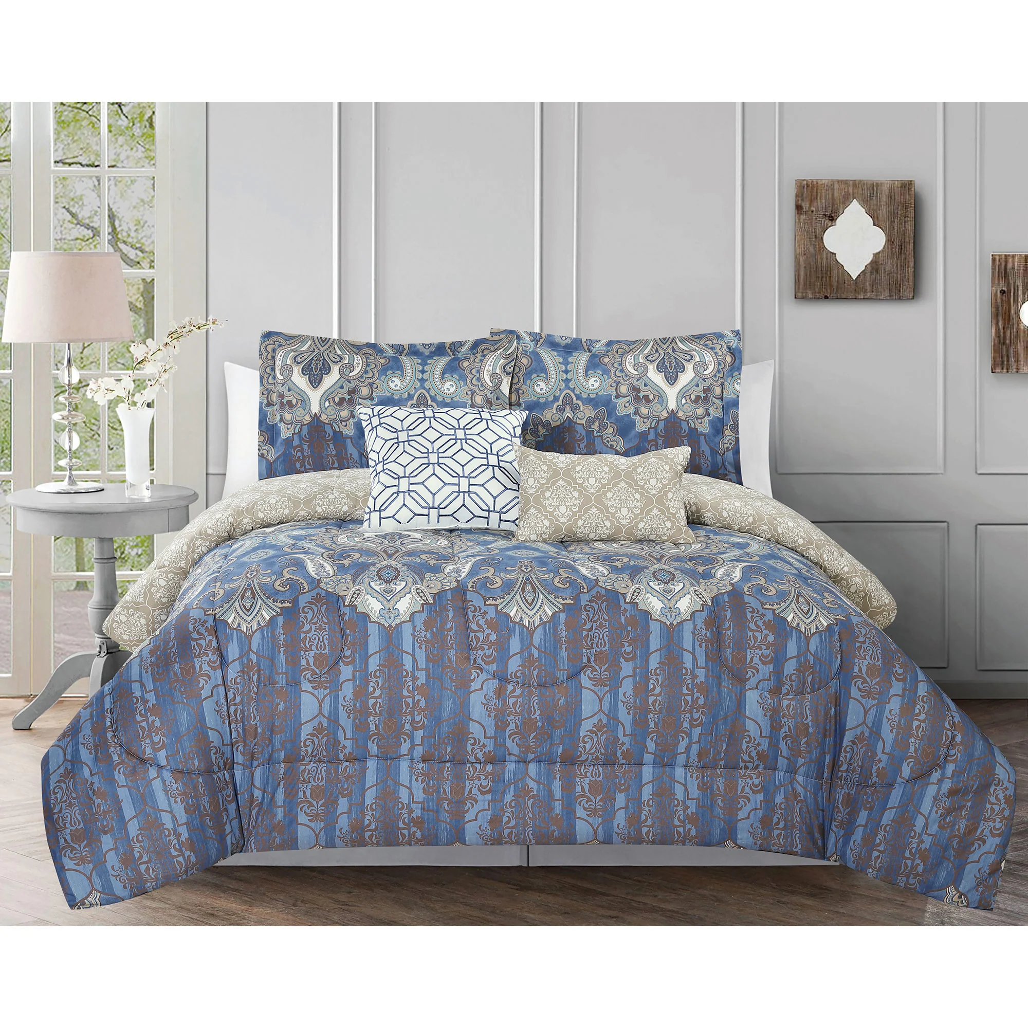 Sabrina 5 Piece Reversible Paisley Damask Comforter Set, Blue