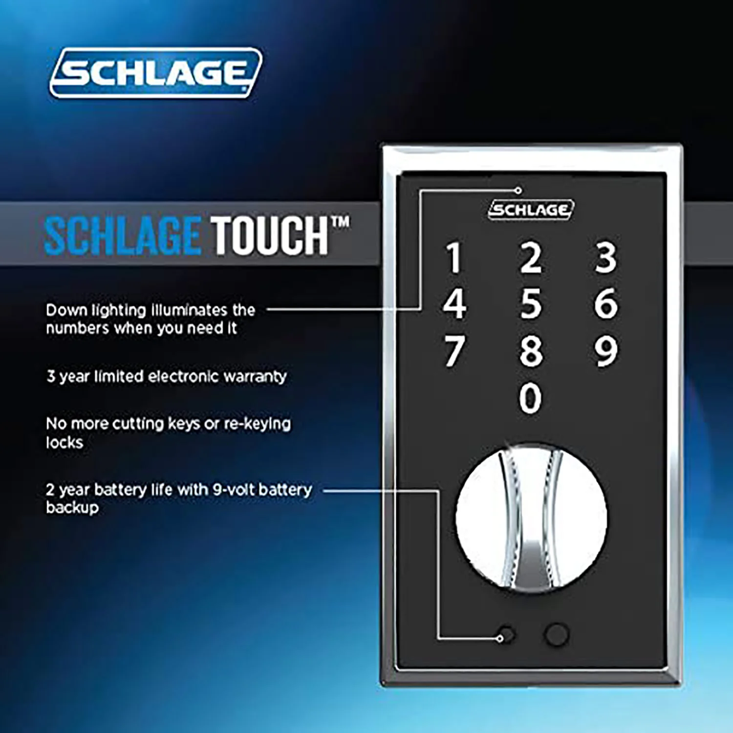 Schlage Century Touch Keyless Touchscreen Electronic Deadbolt, Black - Image 2