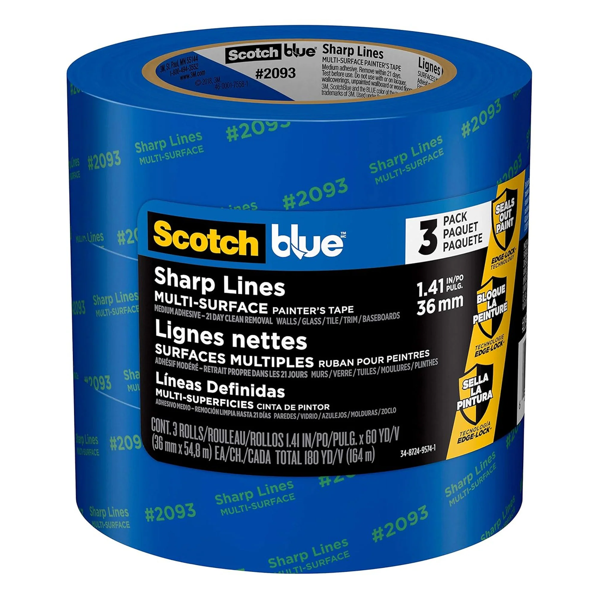 ScotchBlue 3-Pack Sharp Lines Multi-Surface Painter's Tape, Blue, 1.41 Inches x 60 Yards