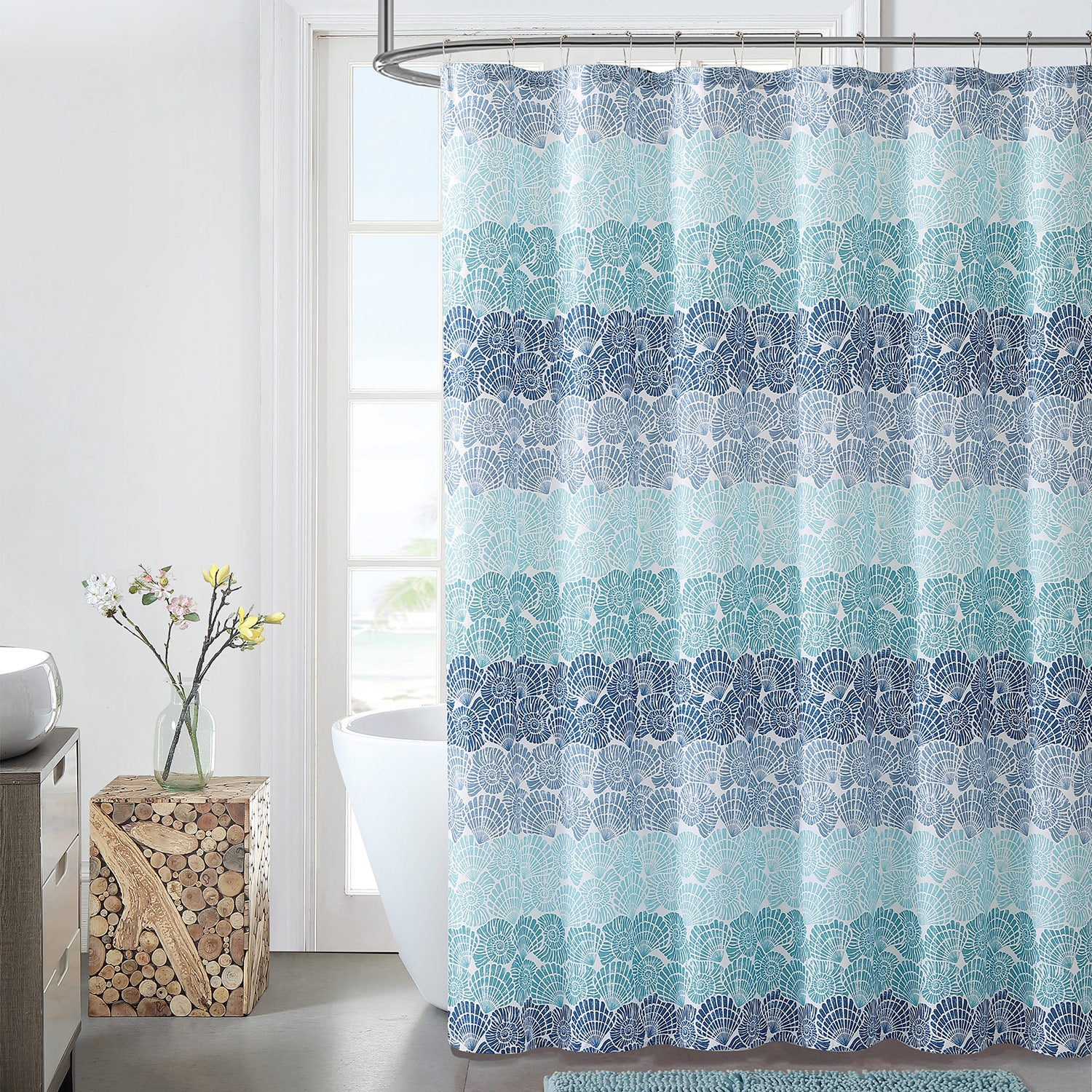 Seaside Villa Ombre Shells 13-Piece Shower Curtain Set With Hooks, Blue, 72x72 Inches