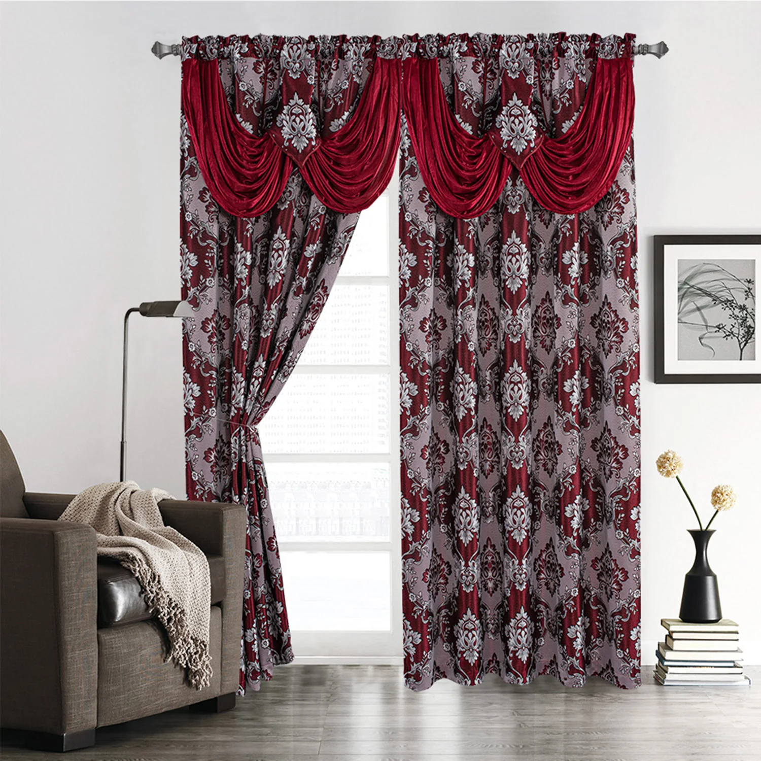 Sheriann Damask Jacquard Rod Pocket Window Panel with Valance, 54x84 Inches - Image 5