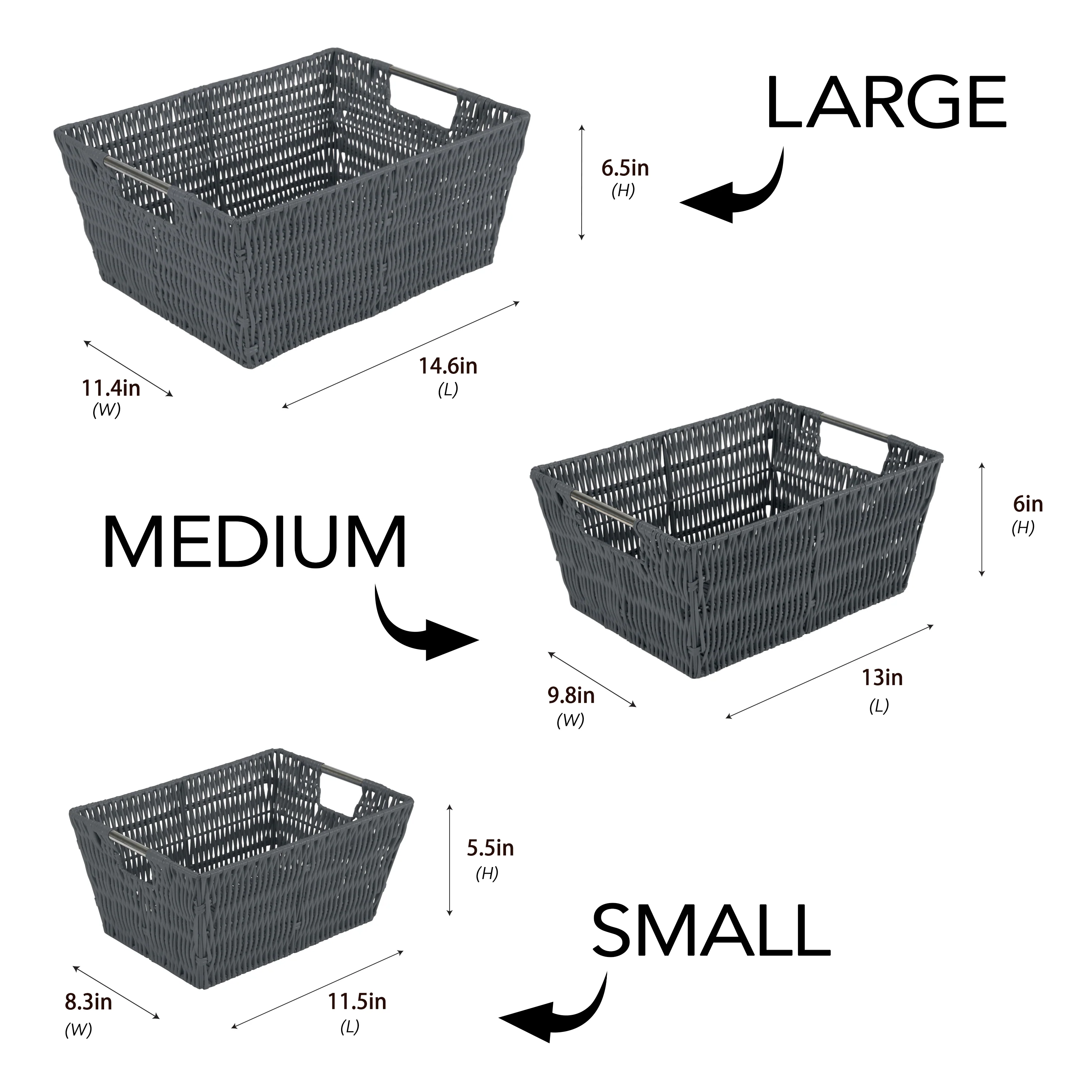 Simplify 3 Pack Set Rattan Tote Storage Baskets, Charcoal - Image 2